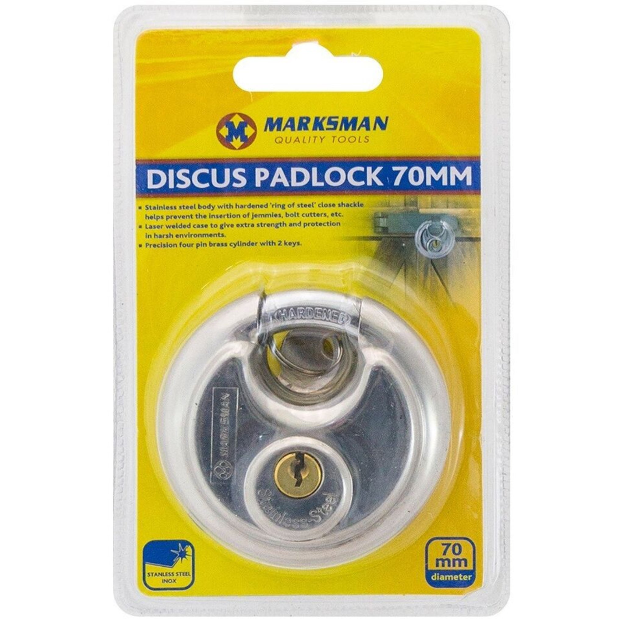 Beclen Harp 2 PACK 70mm KEYED ALIKE DISC STAINLESS STEEL HARDENED SHACKLE PADLOCKS + 2 KEYS