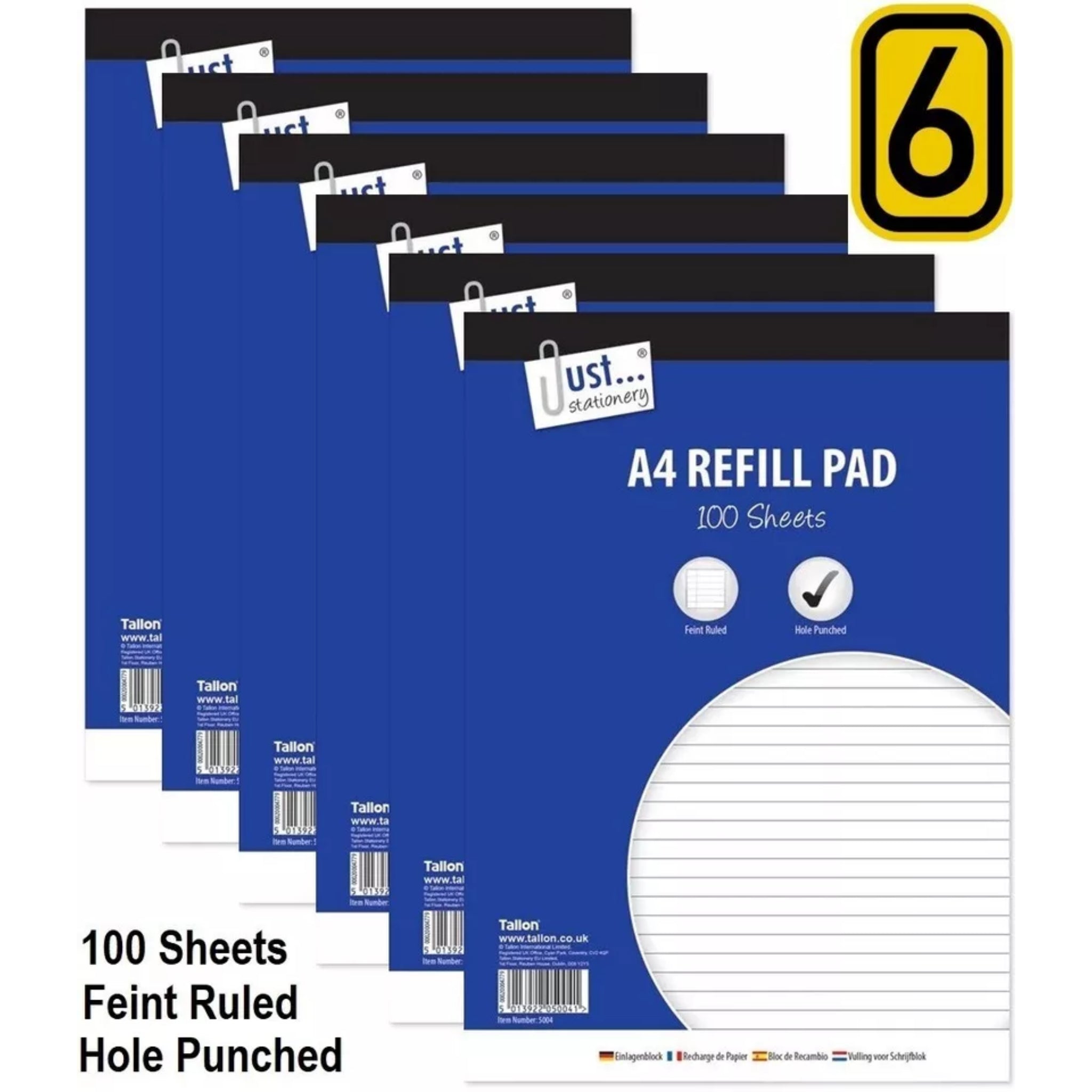 Beclen Harp 6x A4 Refill Pad Ruled 100 Sheets Margin Lined Writing Note Book Punched Holes Pad