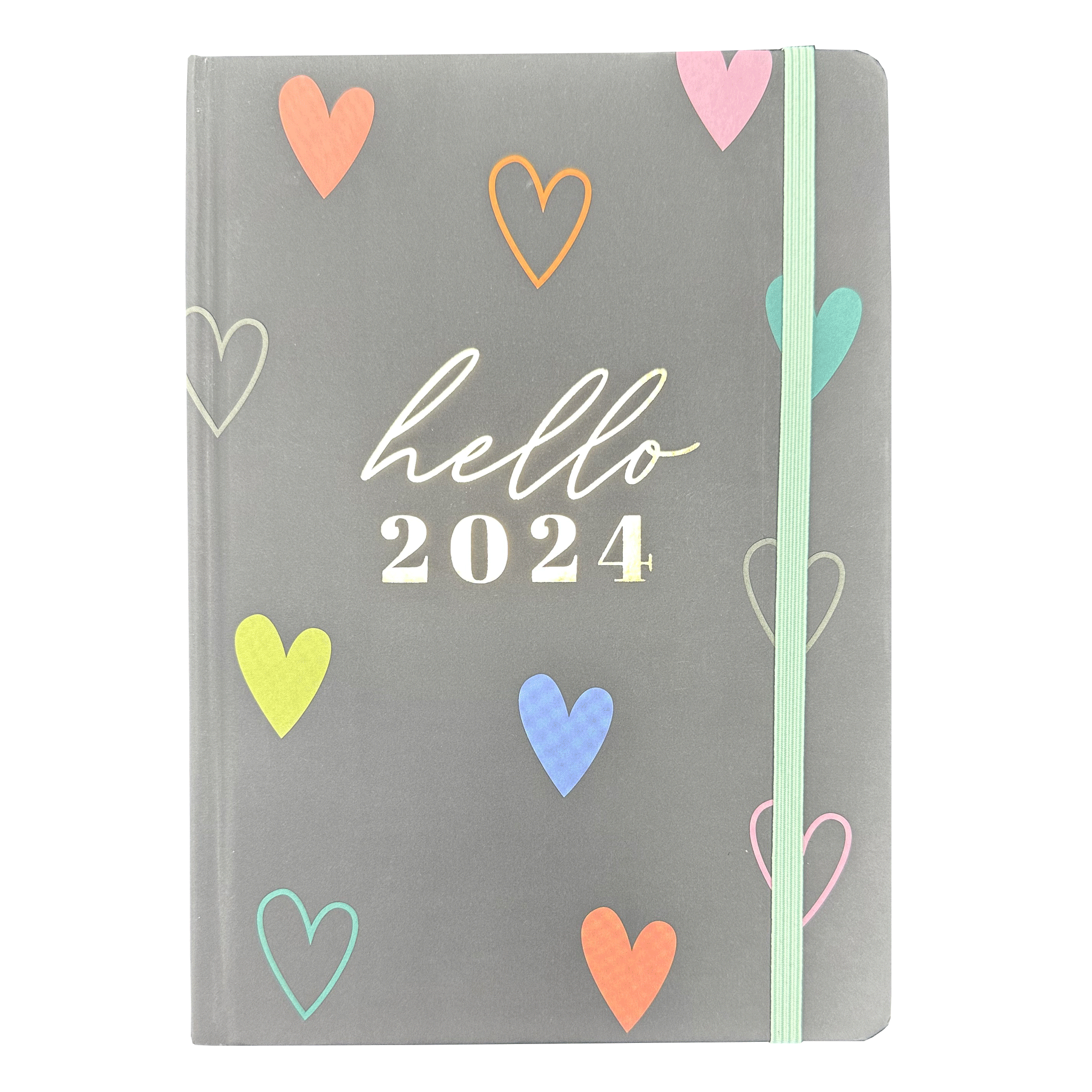 Beclen Harp 2024 Day A Page/Day to View/DAP/Day a View Daily Planner A5 Foil Effect Luxe Heart Diary with Elastic Closure and Hard Cover