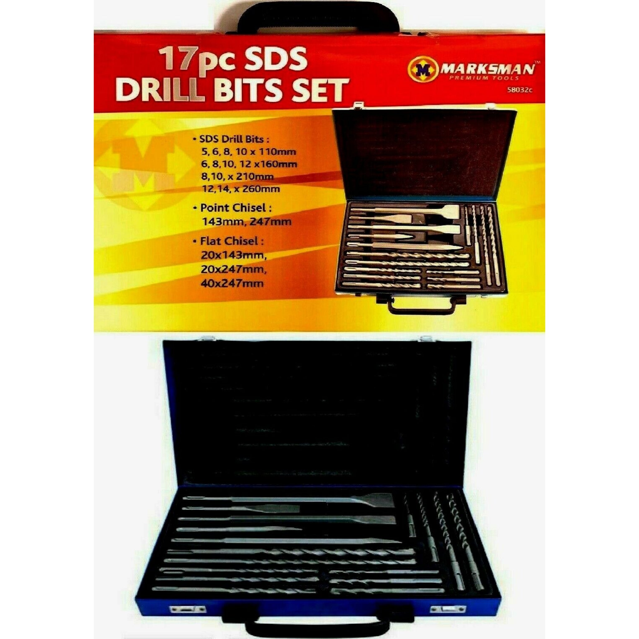 Beclen Harp 17pc SDS Drill Bits Set With Point And Flat Chisel In Metal Along With Storage Case-Perfect DIY Tool Kit Masonry