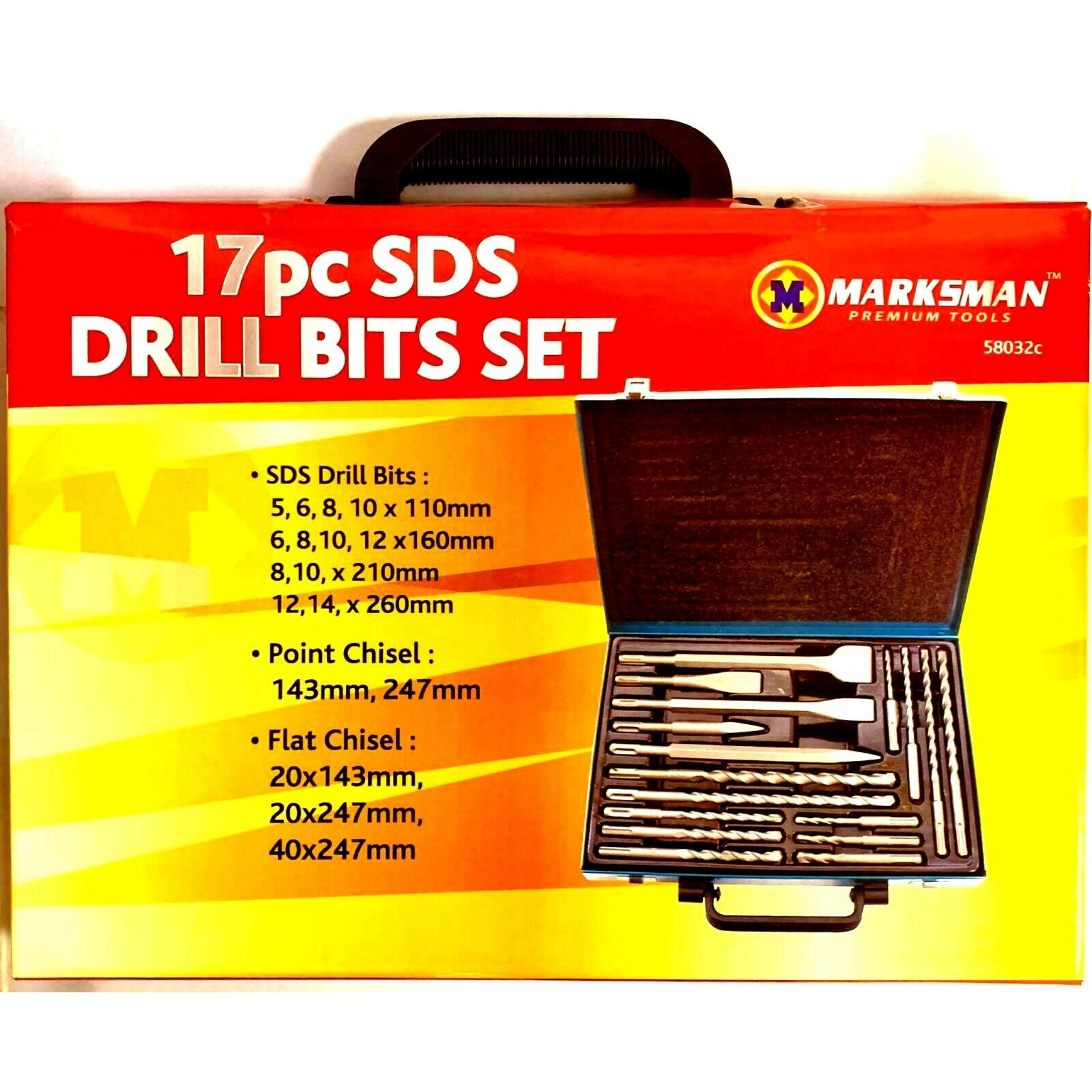 Beclen Harp 17pc SDS Drill Bits Set With Point And Flat Chisel In Metal Along With Storage Case-Perfect DIY Tool Kit Masonry