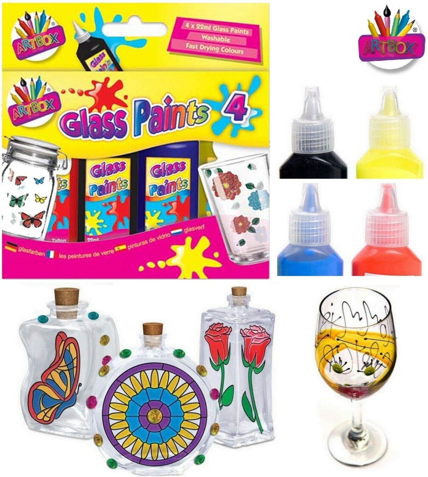 Beclen Harp ArtBox Glass Paints Bright Assorted Colours 4x 22ml Make & Design Own Glass Art