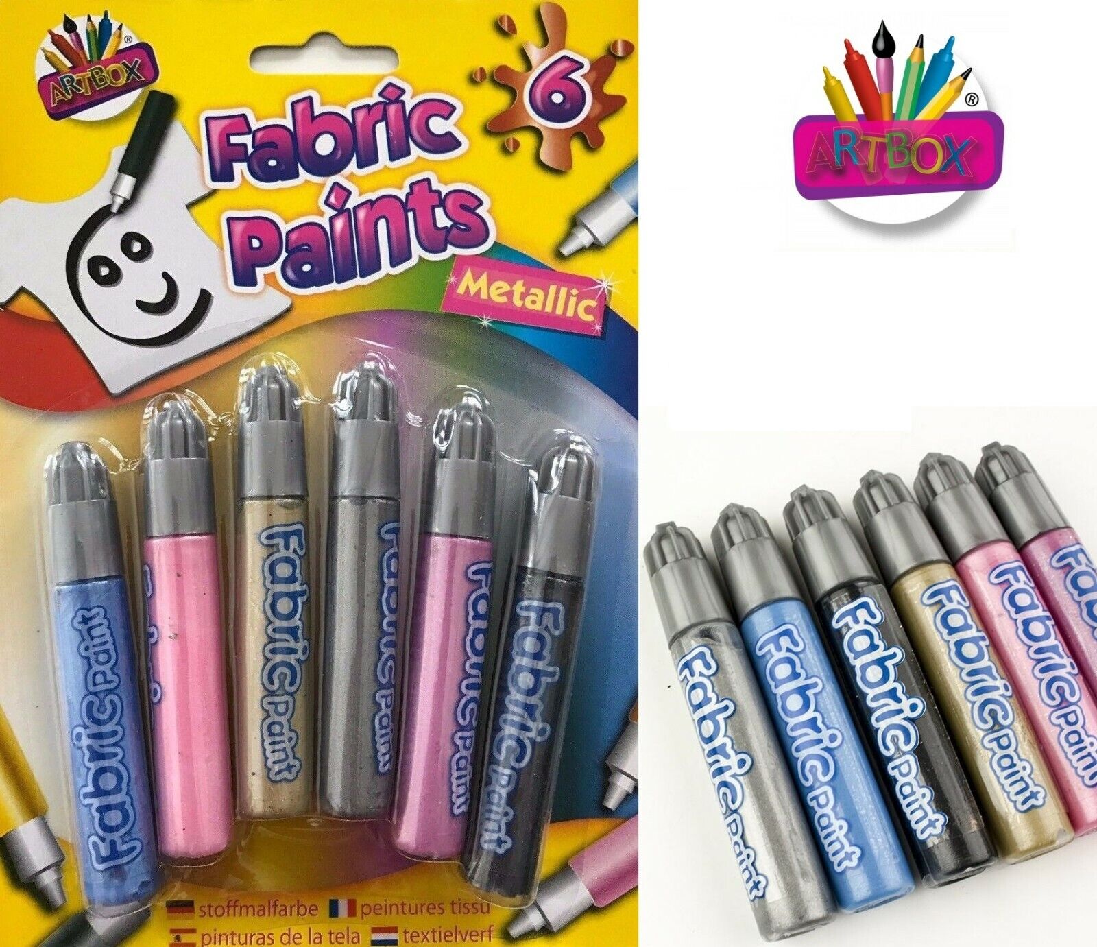 Beclen Harp 6pc Metallic FABRIC PAINTS SET Party Clothes T Shirt School Bag Trainers