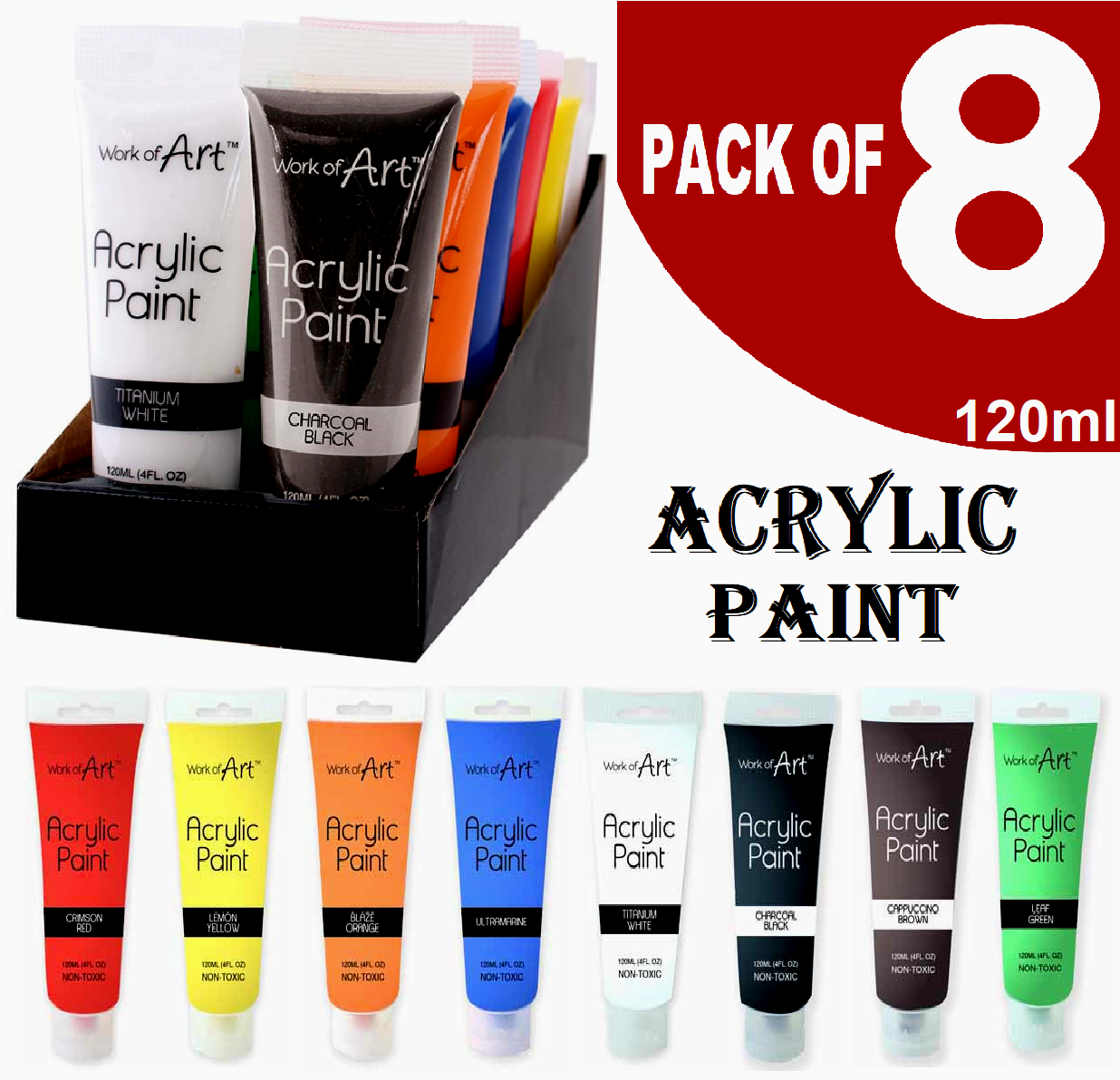 Beclen Harp 8 x Work of Art Acrylic Paint Set Colours Crafts Painter 120ml -1 of each colour