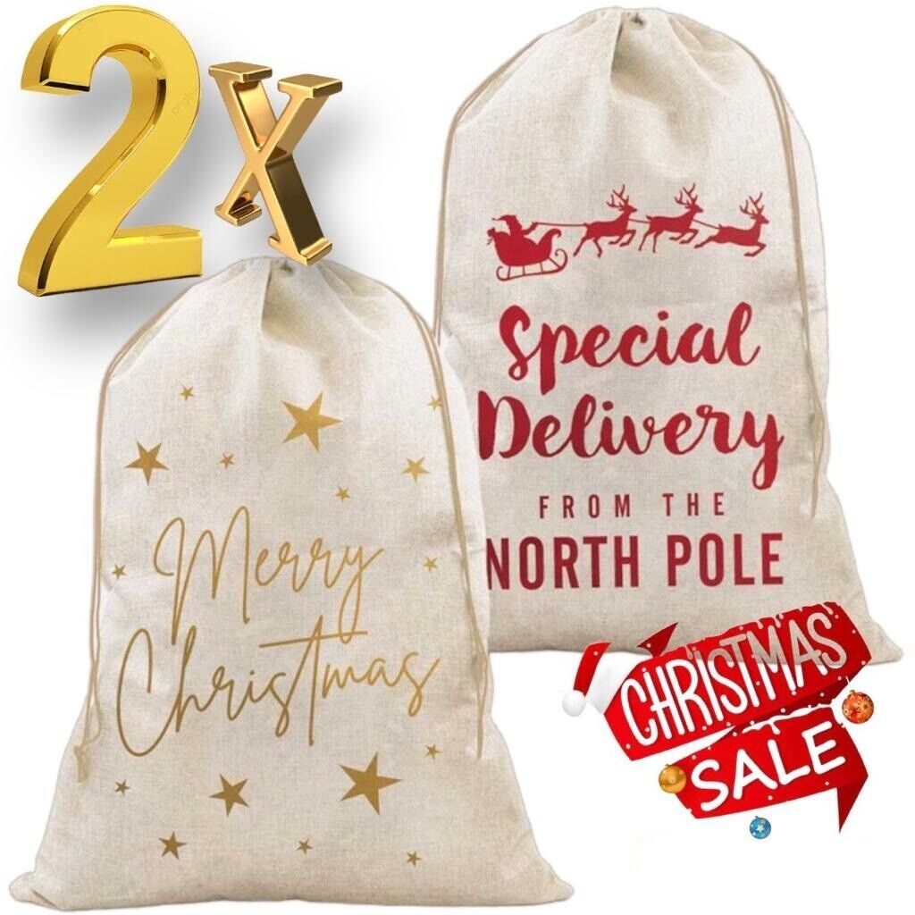 Beclen Harp 2Pcs Large Christmas Plush Santa Sack Fillers Drawstring Xmas Present Gift Bags