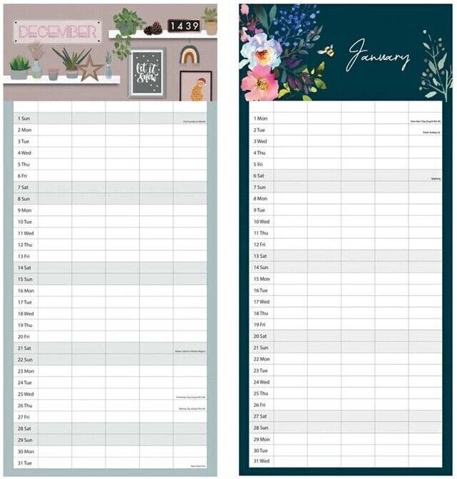 Beclen Harp 2024 Month To View/MTV Family Organiser 5 Columns Floral And Home Decor Long Wall Calendar Planner
