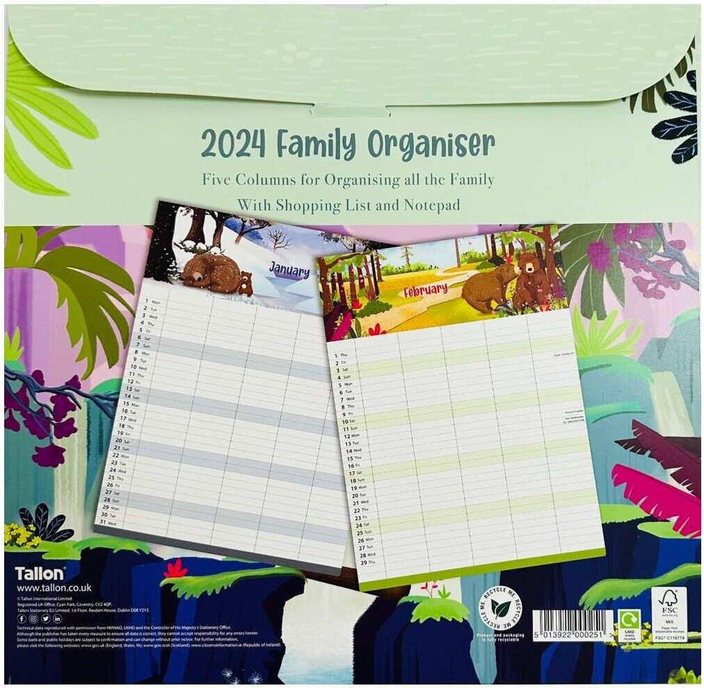 Beclen Harp 2026 Month To View/MTV Family Organiser 5 Columns Calendar Planner With Shopping Note Pad