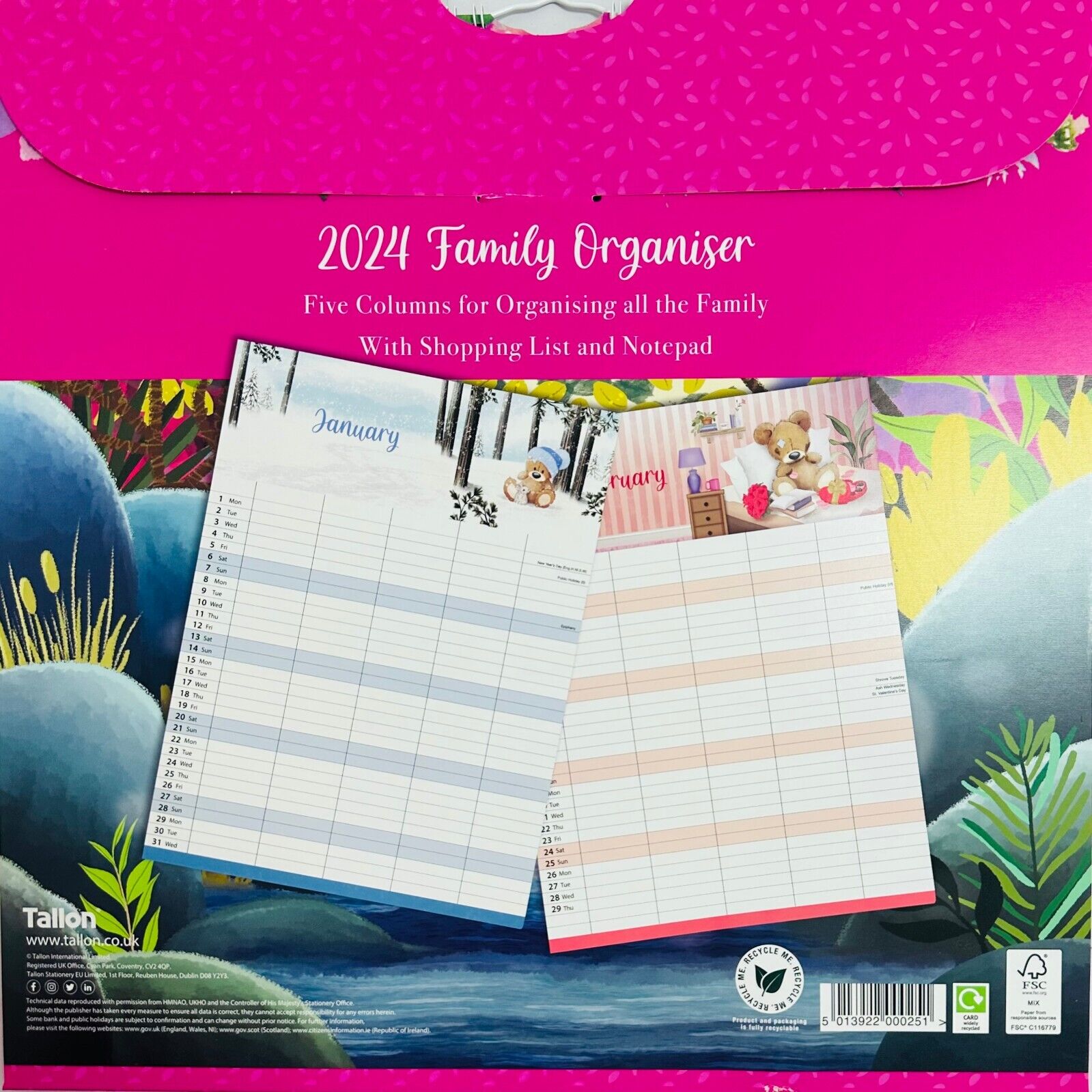 Beclen Harp 2026 Month To View/MTV Family Organiser 5 Columns Calendar Planner With Shopping Note Pad
