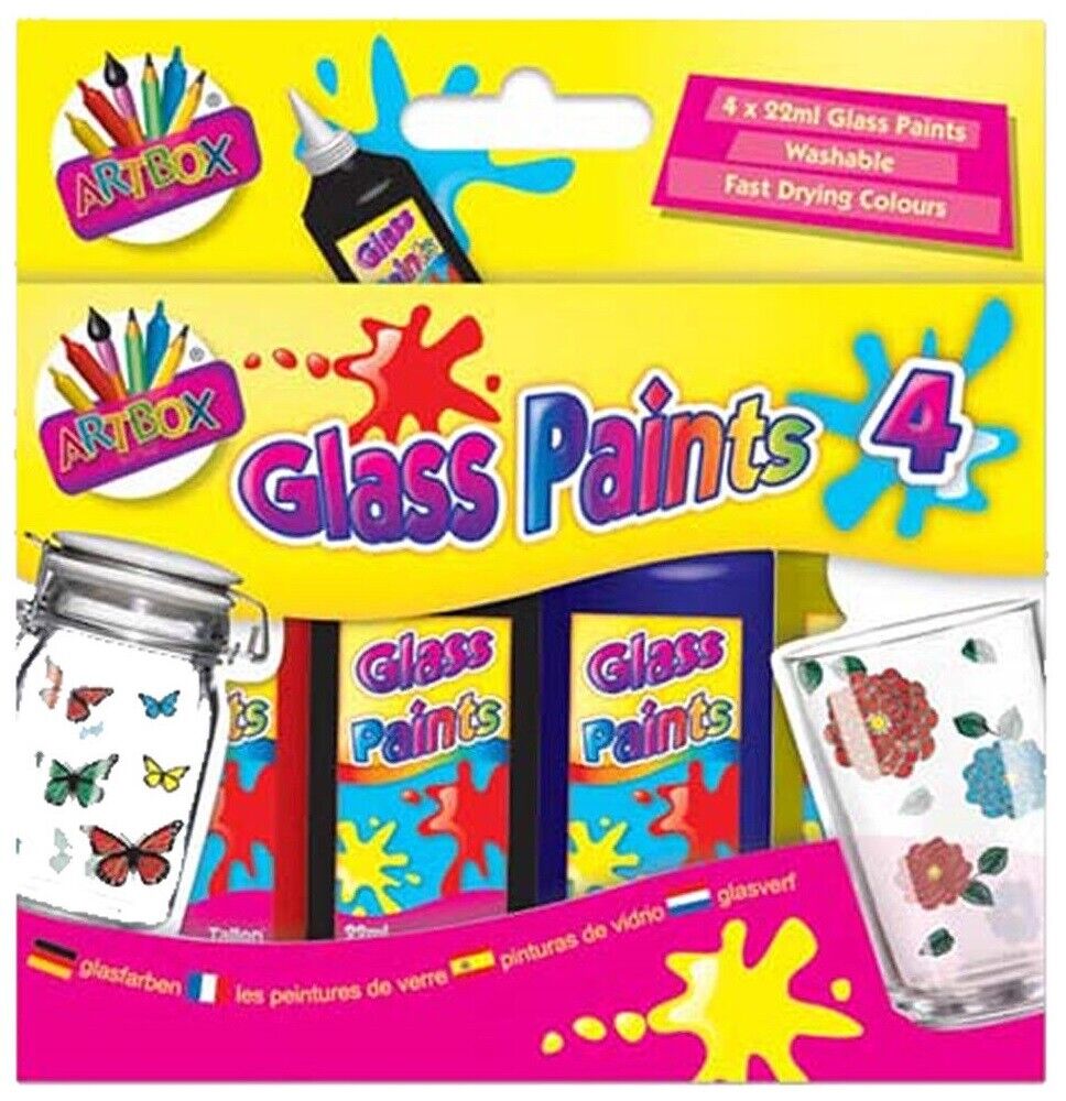 Beclen Harp ArtBox Glass Paints Bright Assorted Colours 4x 22ml Make & Design Own Glass Art