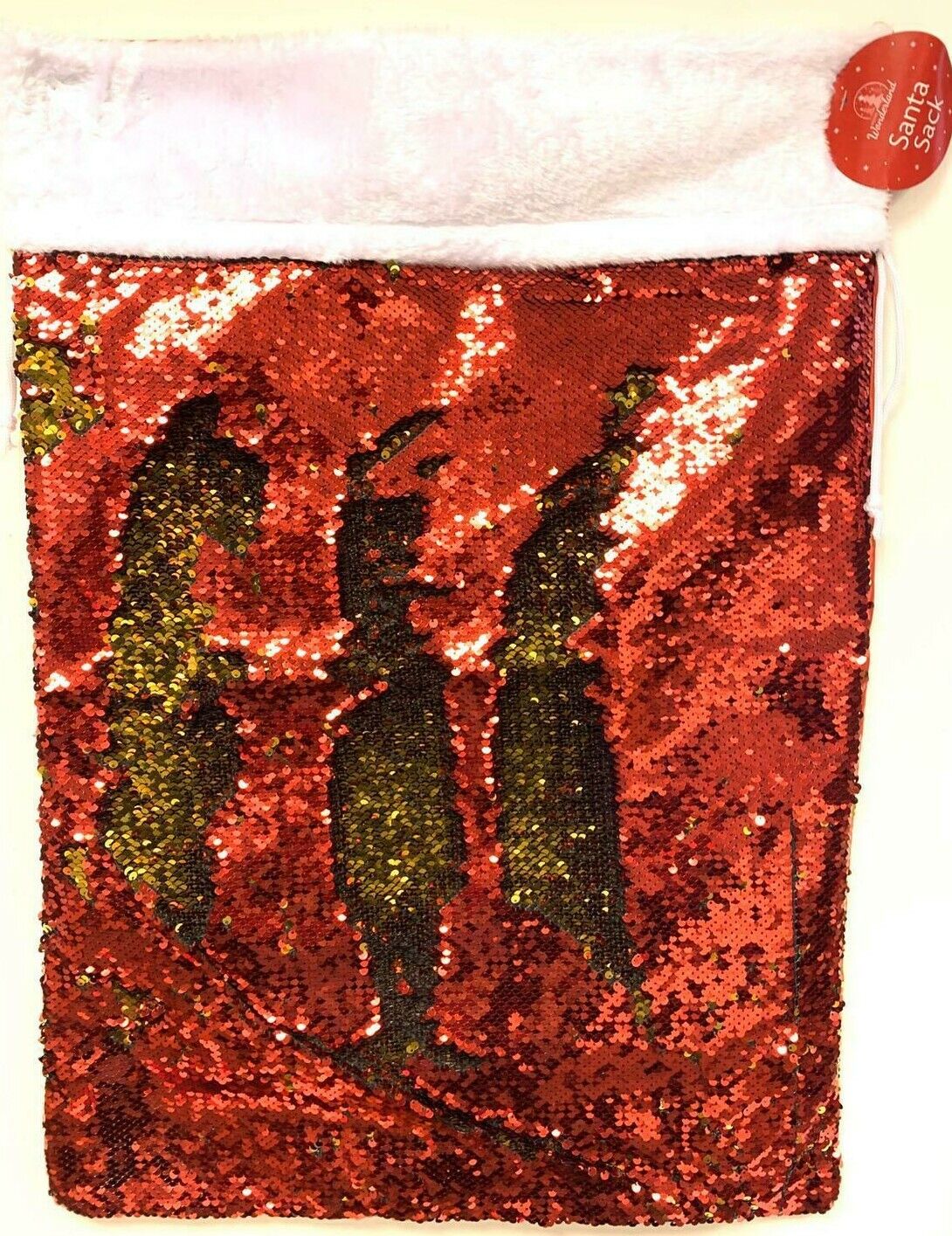 Beclen Harp Christmas Reverse Sequin Present Gift Sack - 49cm x 68cm - Red / Gold