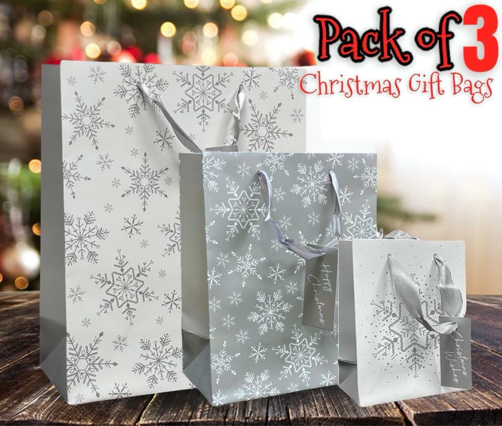 Beclen Harp Pack Of 3 Luxury Paper Present Snowflakes Gift Bags Christmas Gift Bag with Ribbon & Tag