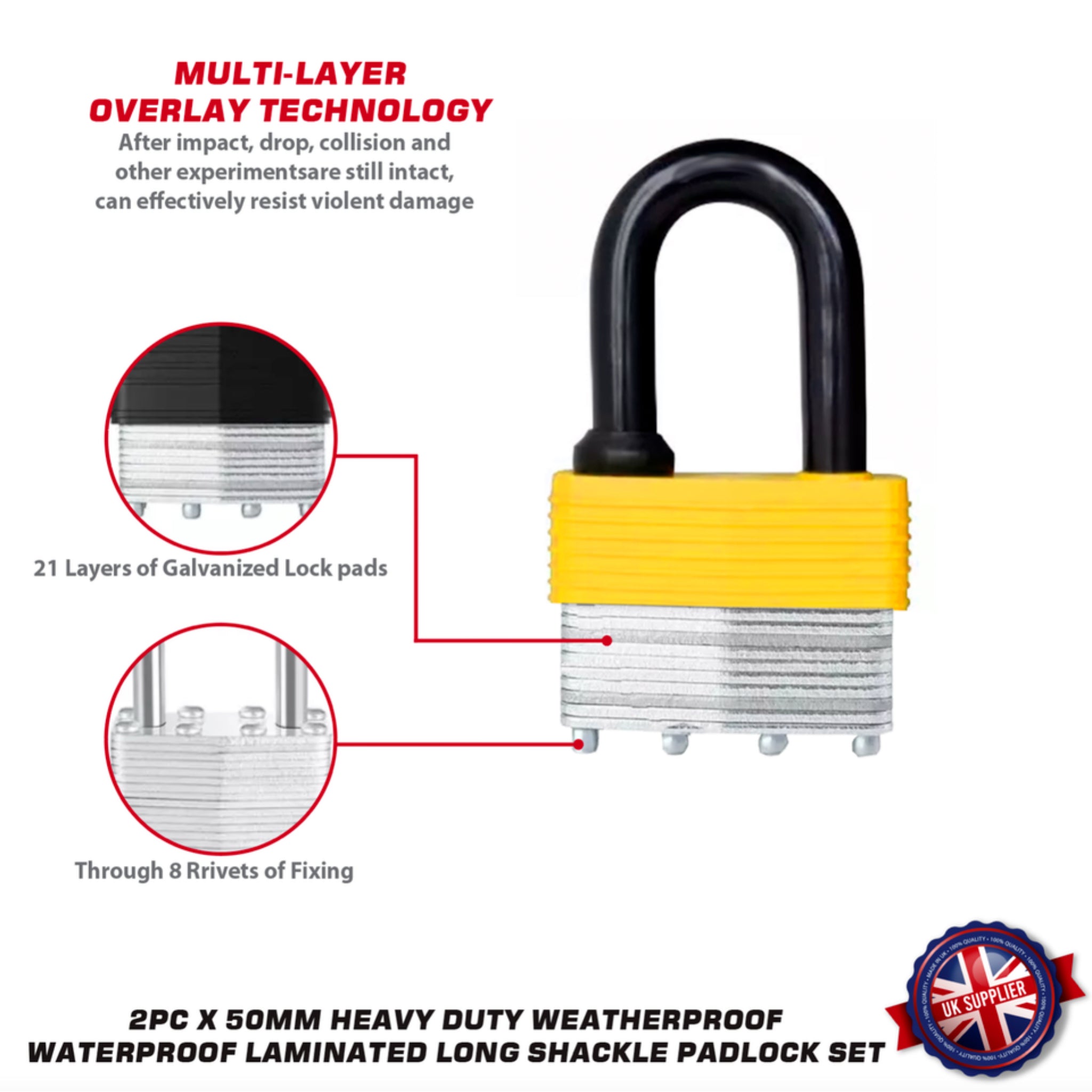Beclen Harp 50MM LONG & SHORT SHACKLE WEATHER PROOF LAMINATED LOCK STEEL PADLOCK WITH 2 KEY