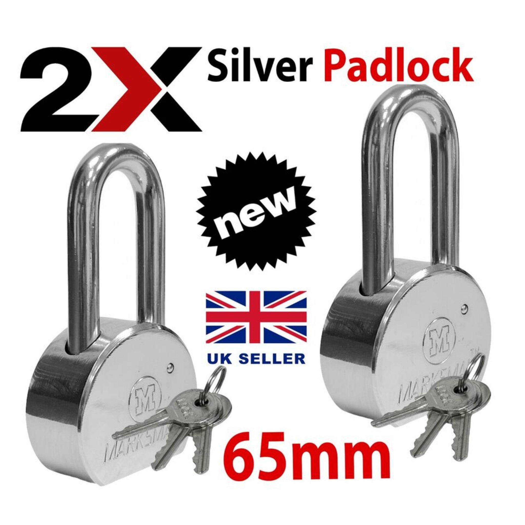 Beclen Harp 2x Heavy Duty Long Shackle 65mm Chrome Big Steel High Security Padlock & 3 Keys