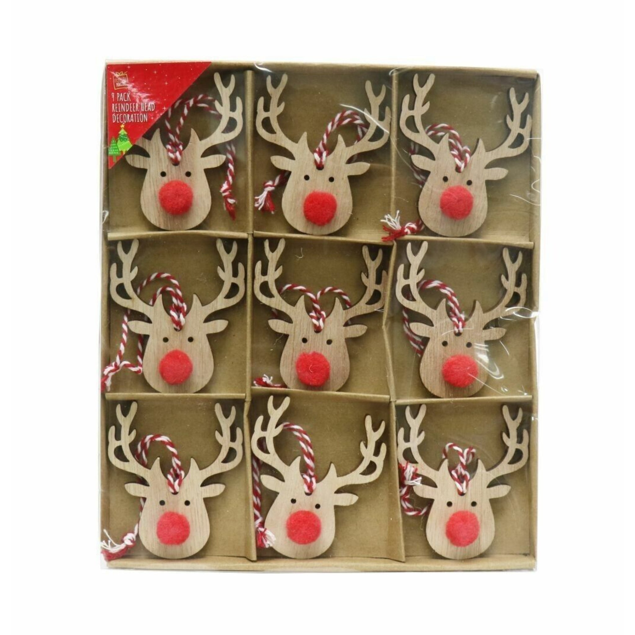 Beclen Harp 9x Christmas/Xmas Wooden Rustic Red Nose Hanging Reindeer Tree Decoration-Perfect Christmas/Xmas Decor