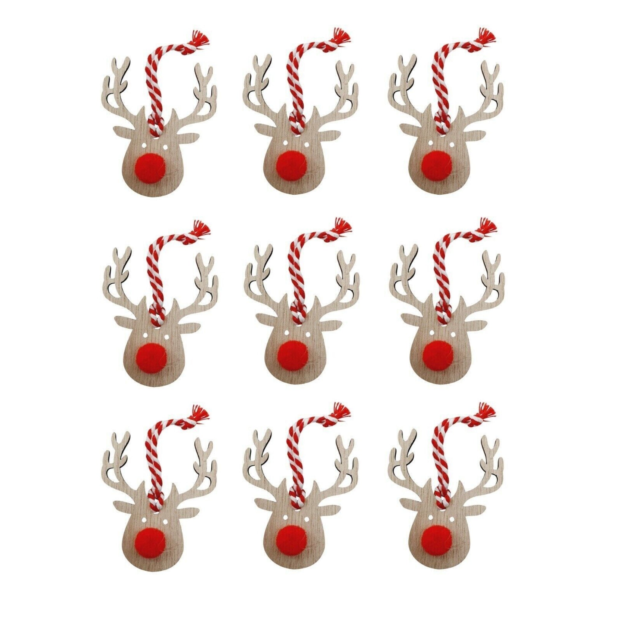 Beclen Harp 9x Christmas/Xmas Wooden Rustic Red Nose Hanging Reindeer Tree Decoration-Perfect Christmas/Xmas Decor