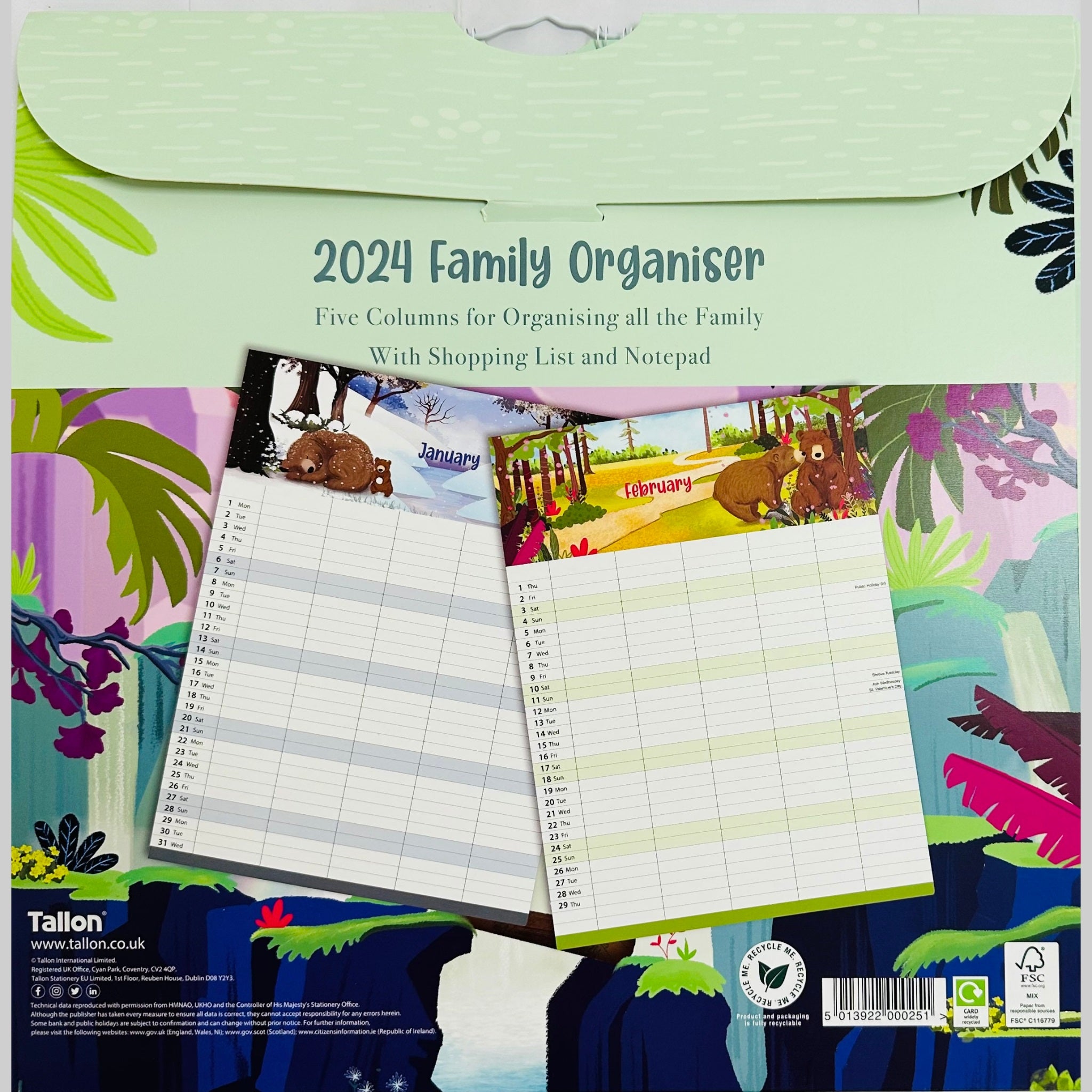 Beclen Harp 2024 Family Organiser Planner/ 5 Columns For Organising All The Family With Shopping List Notepad Teddies, Big Bear