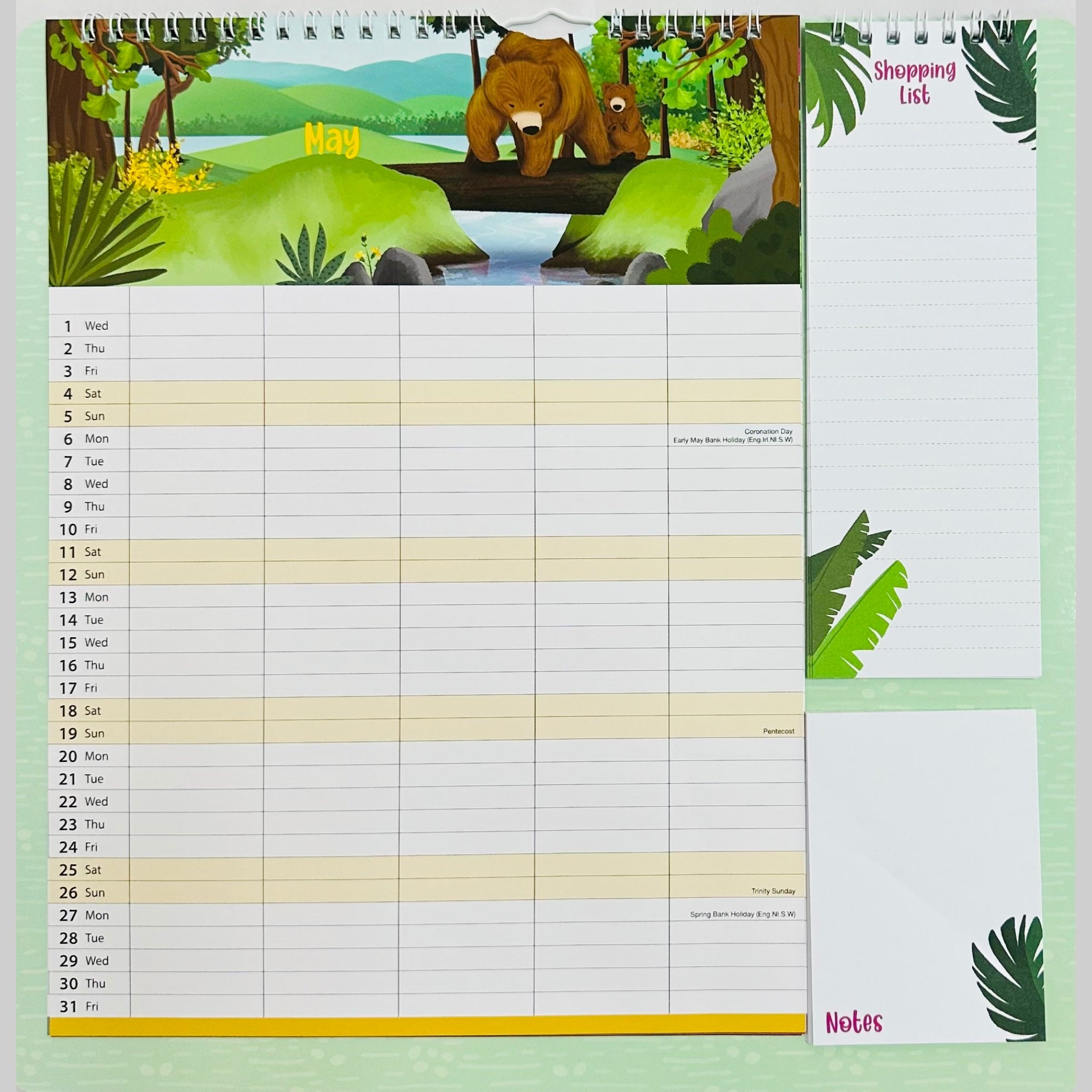 Beclen Harp 2024 Family Organiser Planner/ 5 Columns For Organising All The Family With Shopping List Notepad Teddies, Big Bear