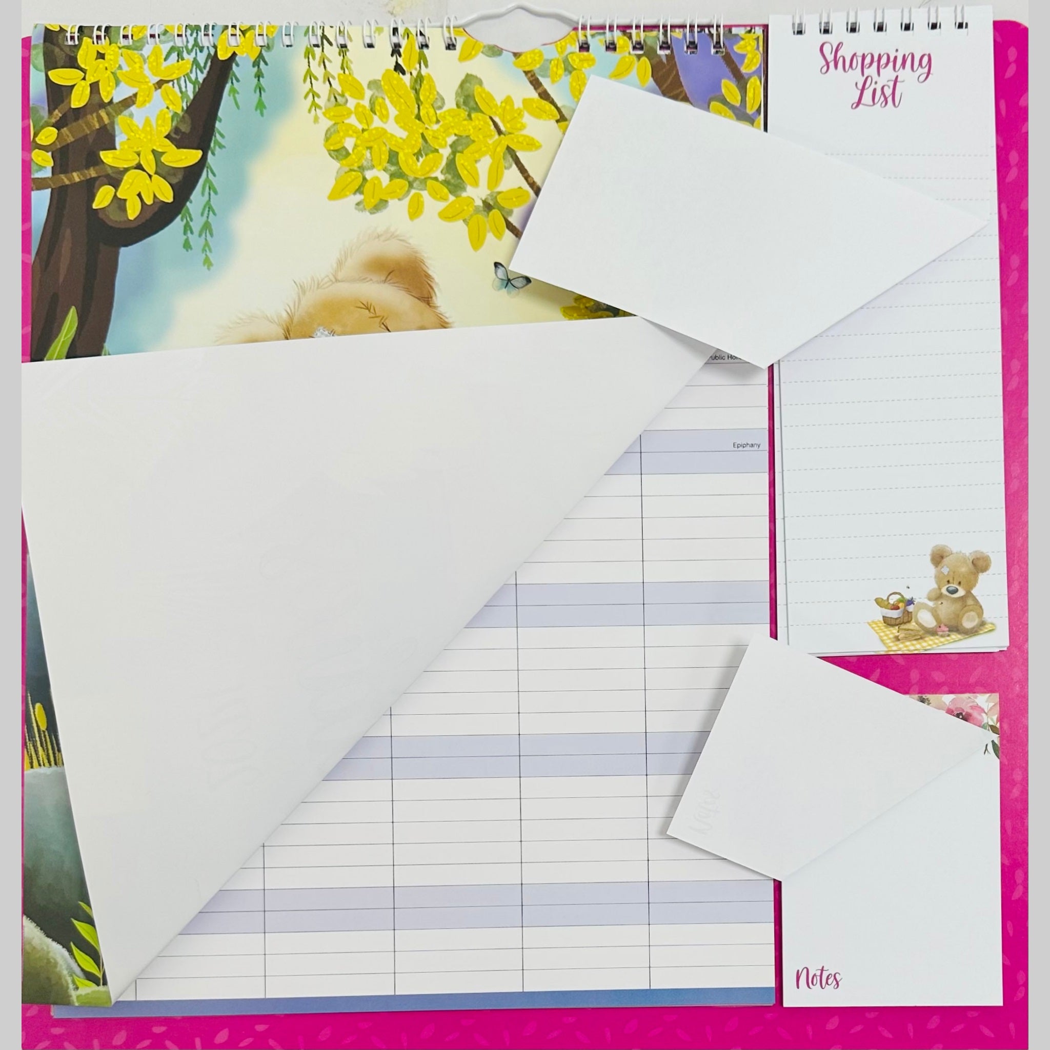 Beclen Harp 2024 Family Organiser Planner/ 5 Columns For Organising All The Family With Shopping List Notepad Teddies, Big Bear