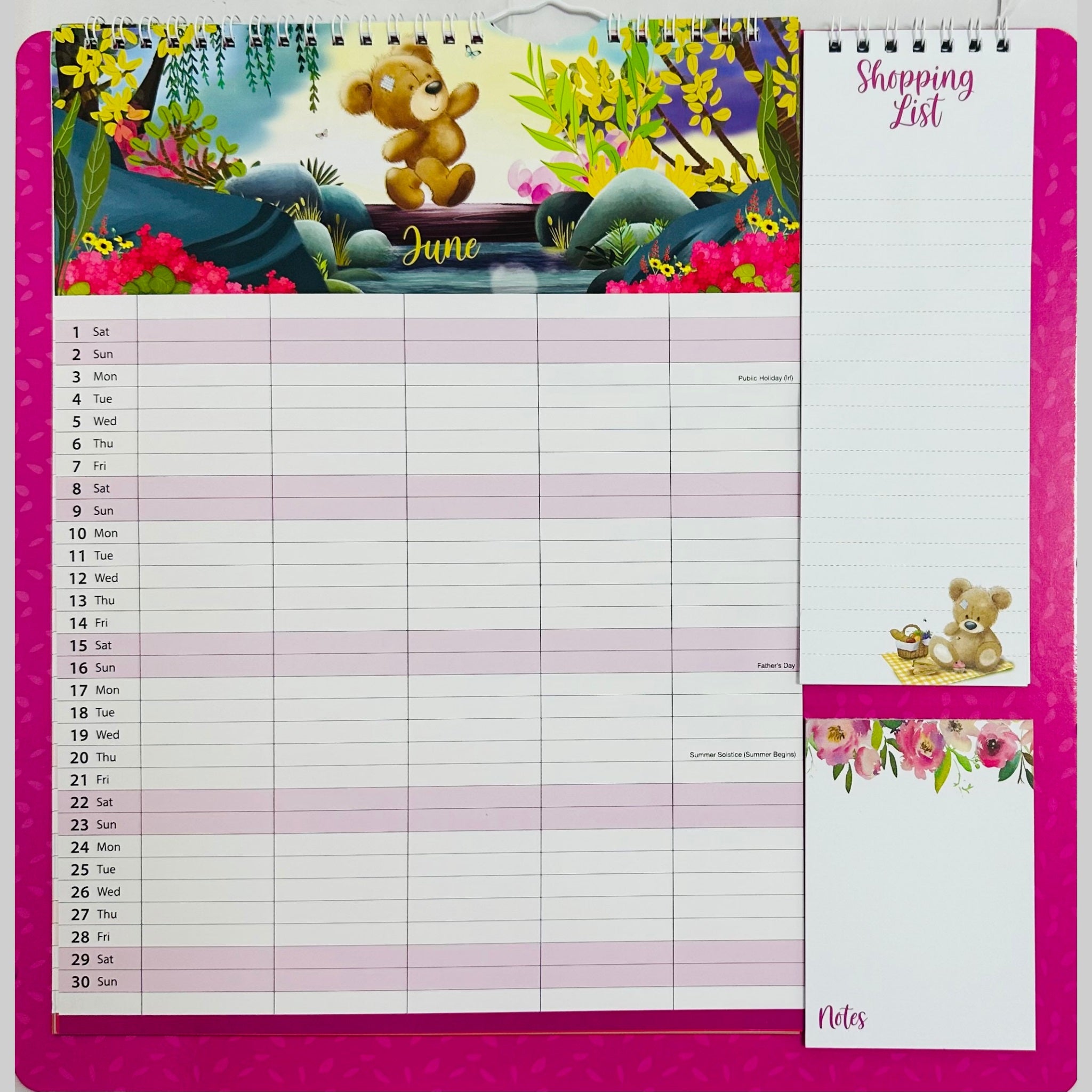 Beclen Harp 2024 Family Organiser Planner/ 5 Columns For Organising All The Family With Shopping List Notepad Teddies, Big Bear