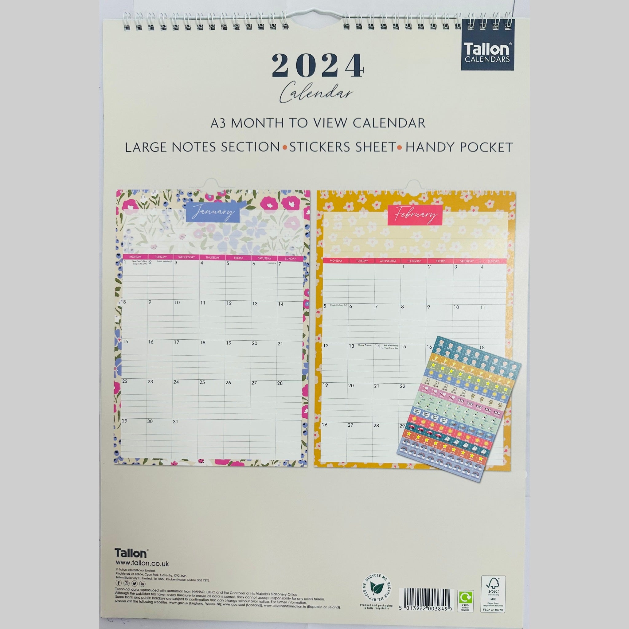 Beclen Harp 2024 MTV/ A3 Large Notes Section Family Home Organiser Planner Calendar Month To View Stickers Sheet & Handy Pocket/ Long Wall Planner Stripes, Flowers