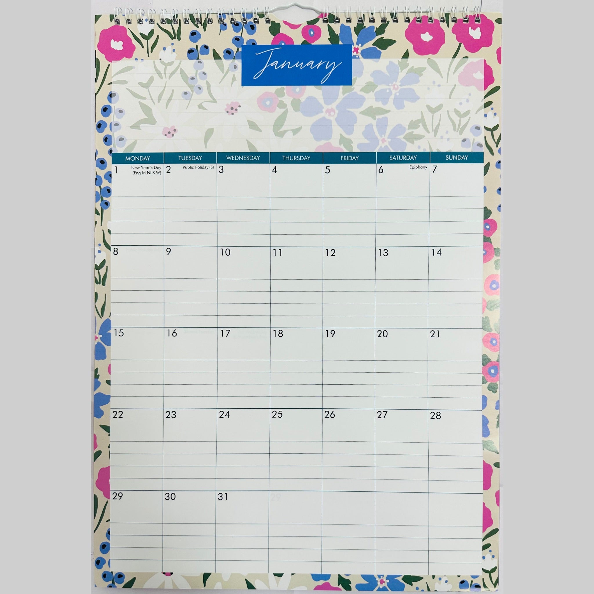 Beclen Harp 2024 MTV/ A3 Large Notes Section Family Home Organiser Planner Calendar Month To View Stickers Sheet & Handy Pocket/ Long Wall Planner Stripes, Flowers
