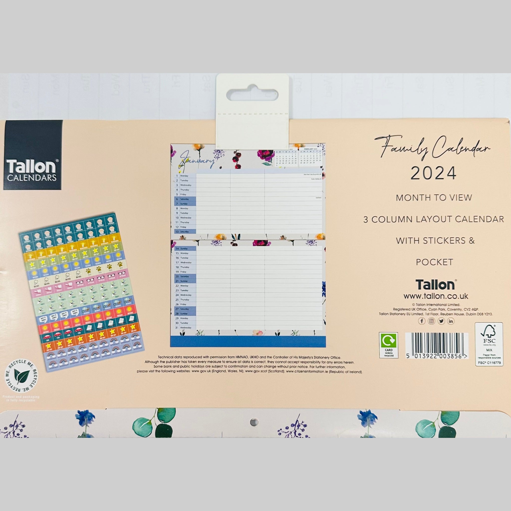 Beclen Harp 2024 MTV/ Month To View 3 Column Family Calendar Wall Planner With Stickers & Pocket Leopard, Floral