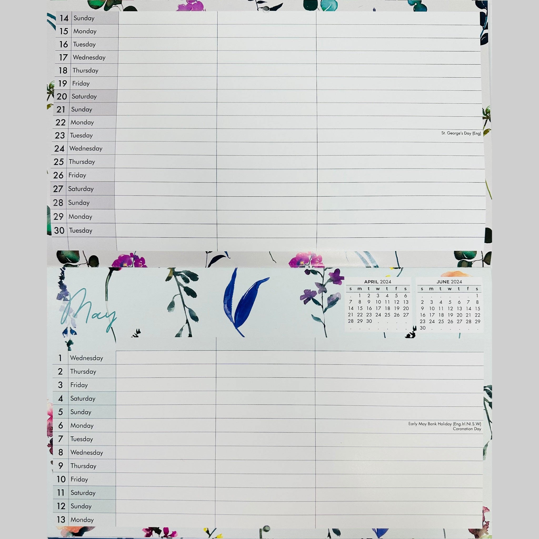 Beclen Harp 2024 MTV/ Month To View 3 Column Family Calendar Wall Planner With Stickers & Pocket Leopard, Floral
