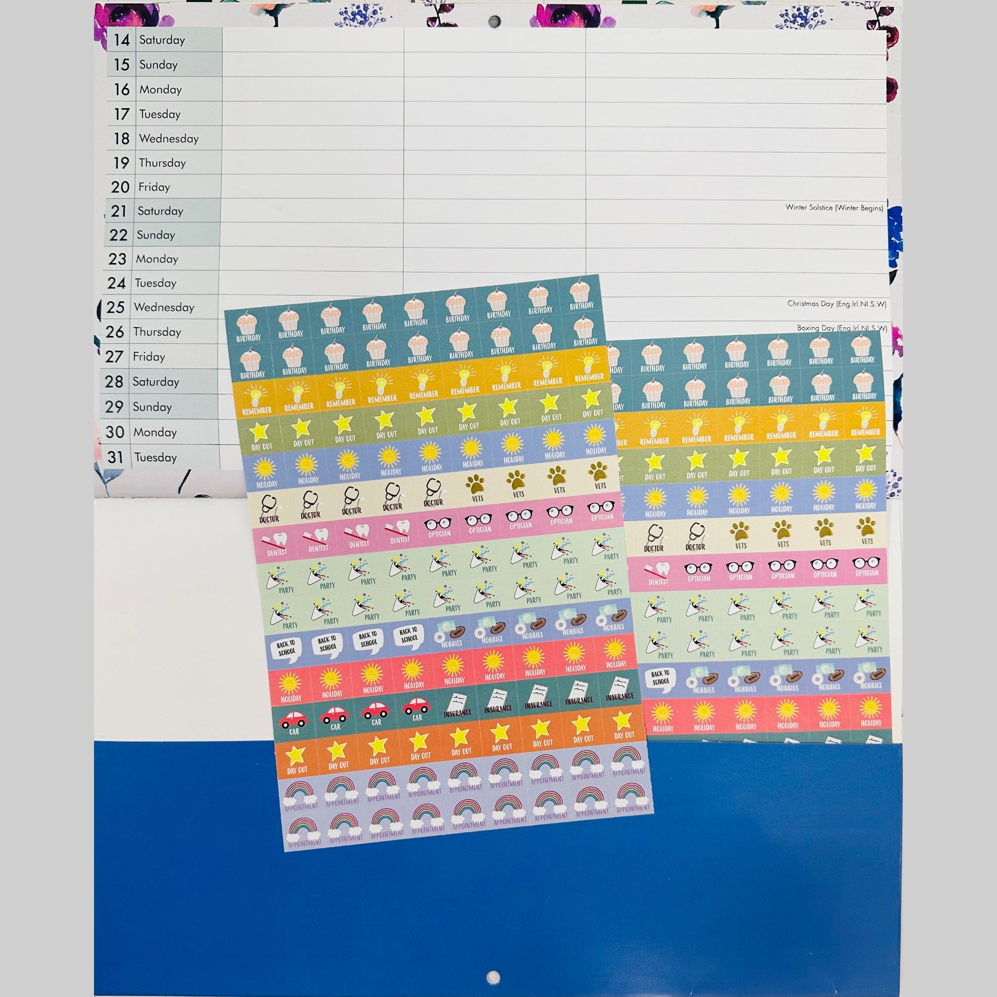 Beclen Harp 2024 MTV/ Month To View 3 Column Family Calendar Wall Planner With Stickers & Pocket Leopard, Floral