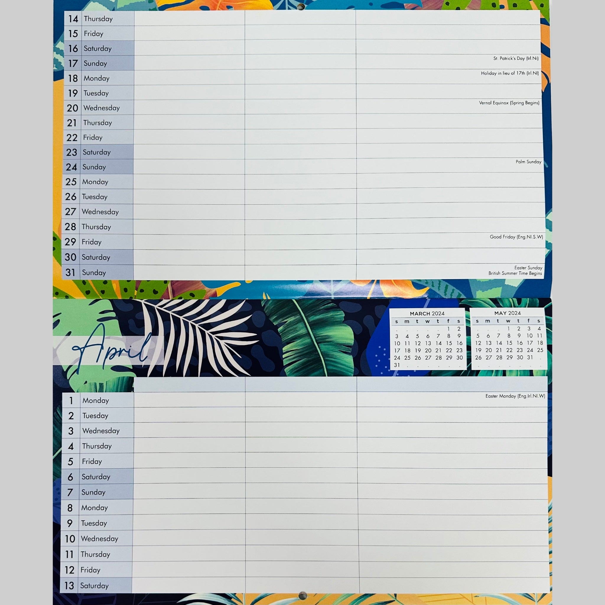 Beclen Harp 2024 MTV/ Month To View 3 Column Family Calendar Wall Planner With Stickers & Pocket Leopard, Floral