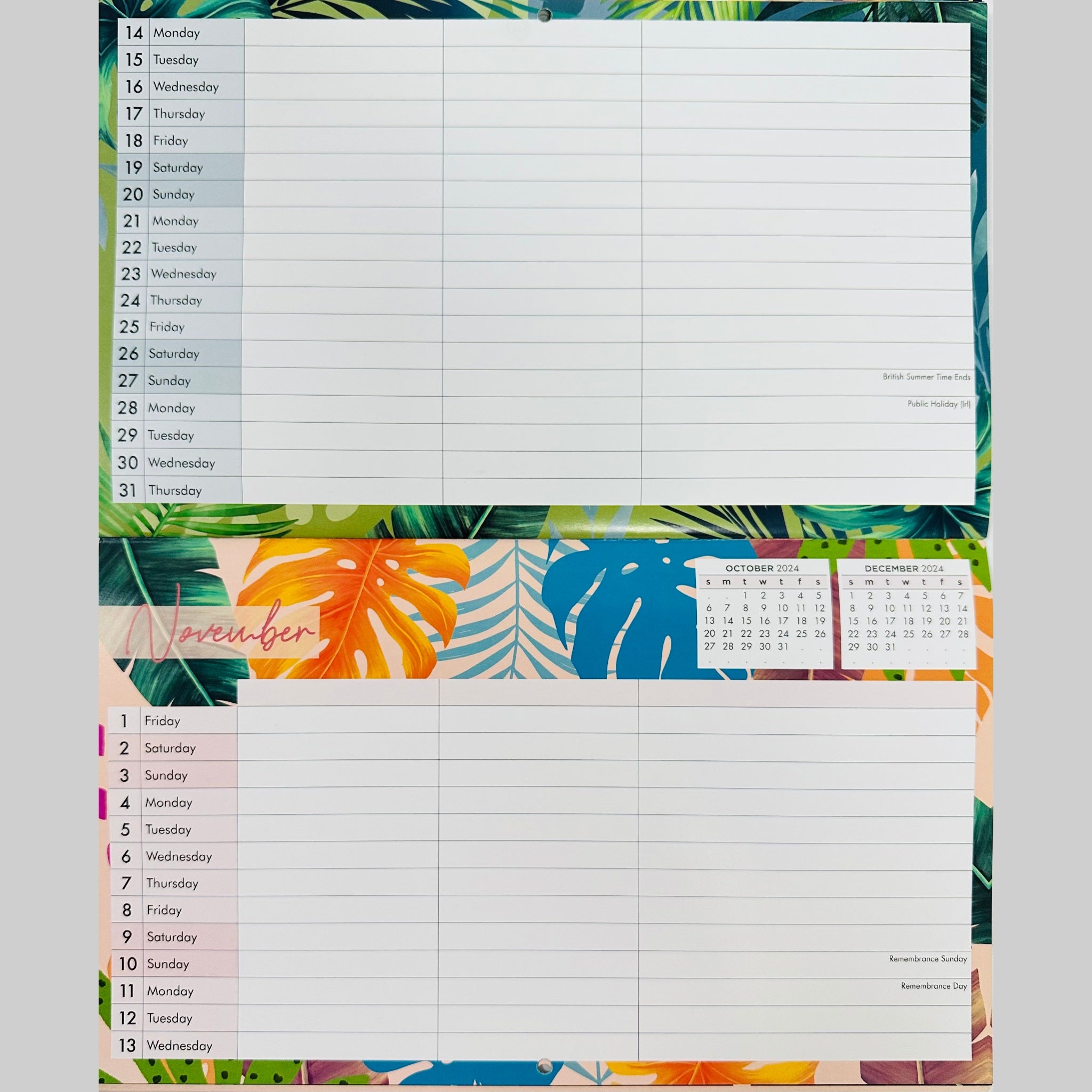 Beclen Harp 2024 MTV/ Month To View 3 Column Family Calendar Wall Planner With Stickers & Pocket Leopard, Floral