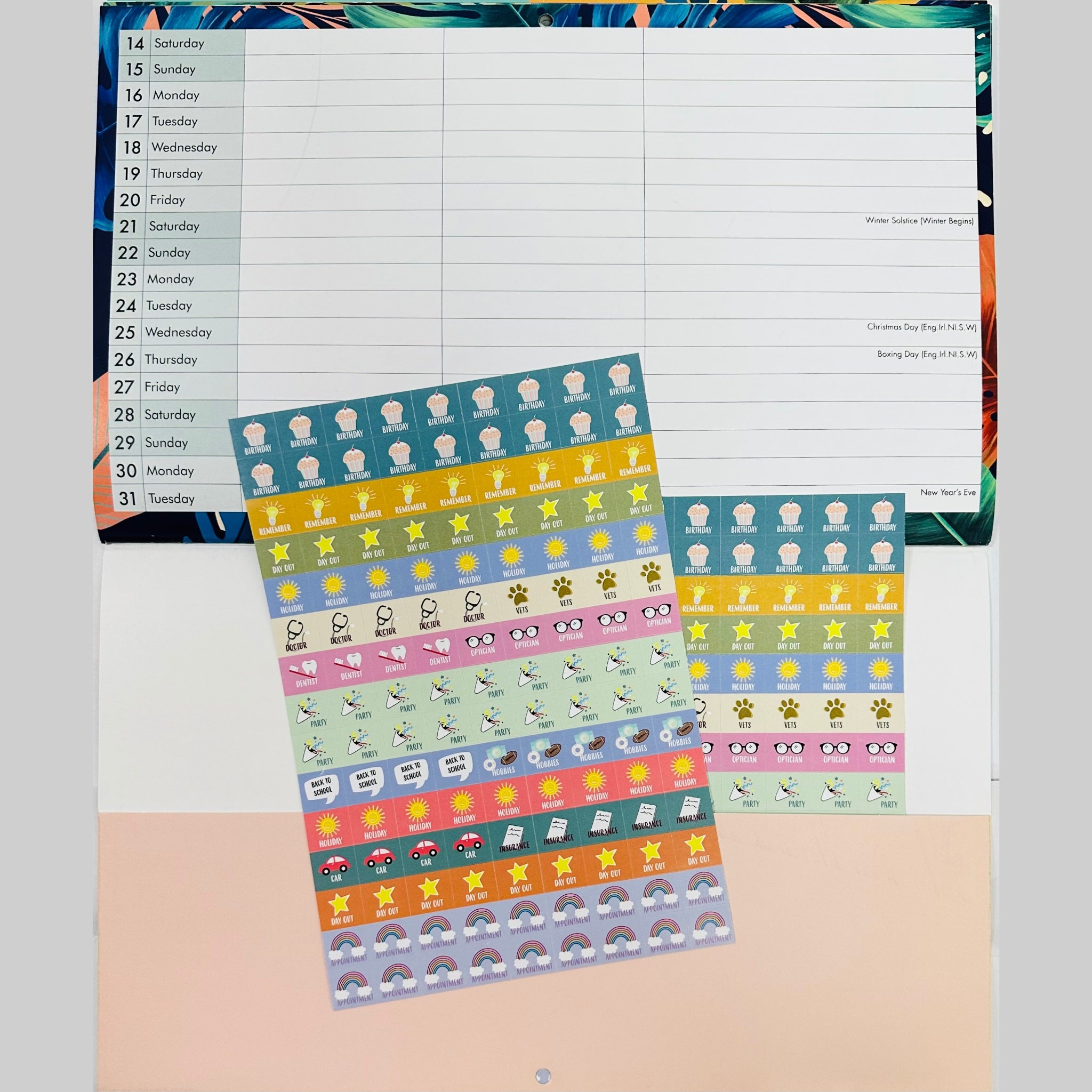 Beclen Harp 2024 MTV/ Month To View 3 Column Family Calendar Wall Planner With Stickers & Pocket Leopard, Floral