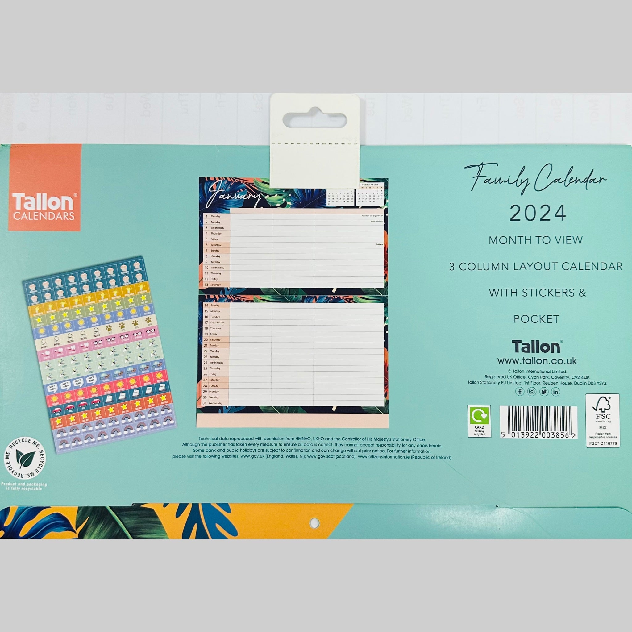 Beclen Harp 2024 MTV/ Month To View 3 Column Family Calendar Wall Planner With Stickers & Pocket Leopard, Floral