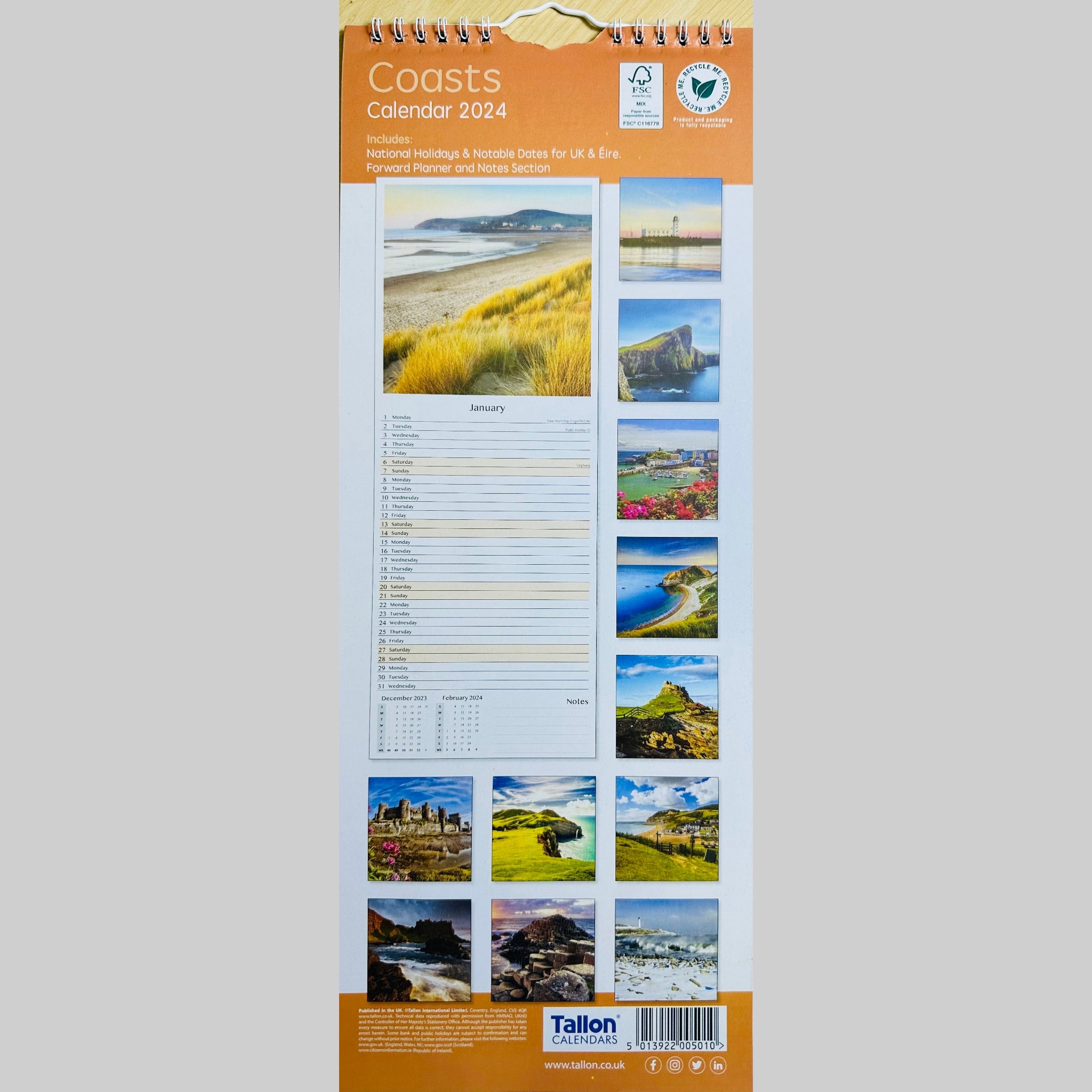 Beclen Harp Super Slim Month to View Spiral Bound Hanging Wall Calendar Home Office 2024 Gardens/ Cottages/ Coasts/ Scenes