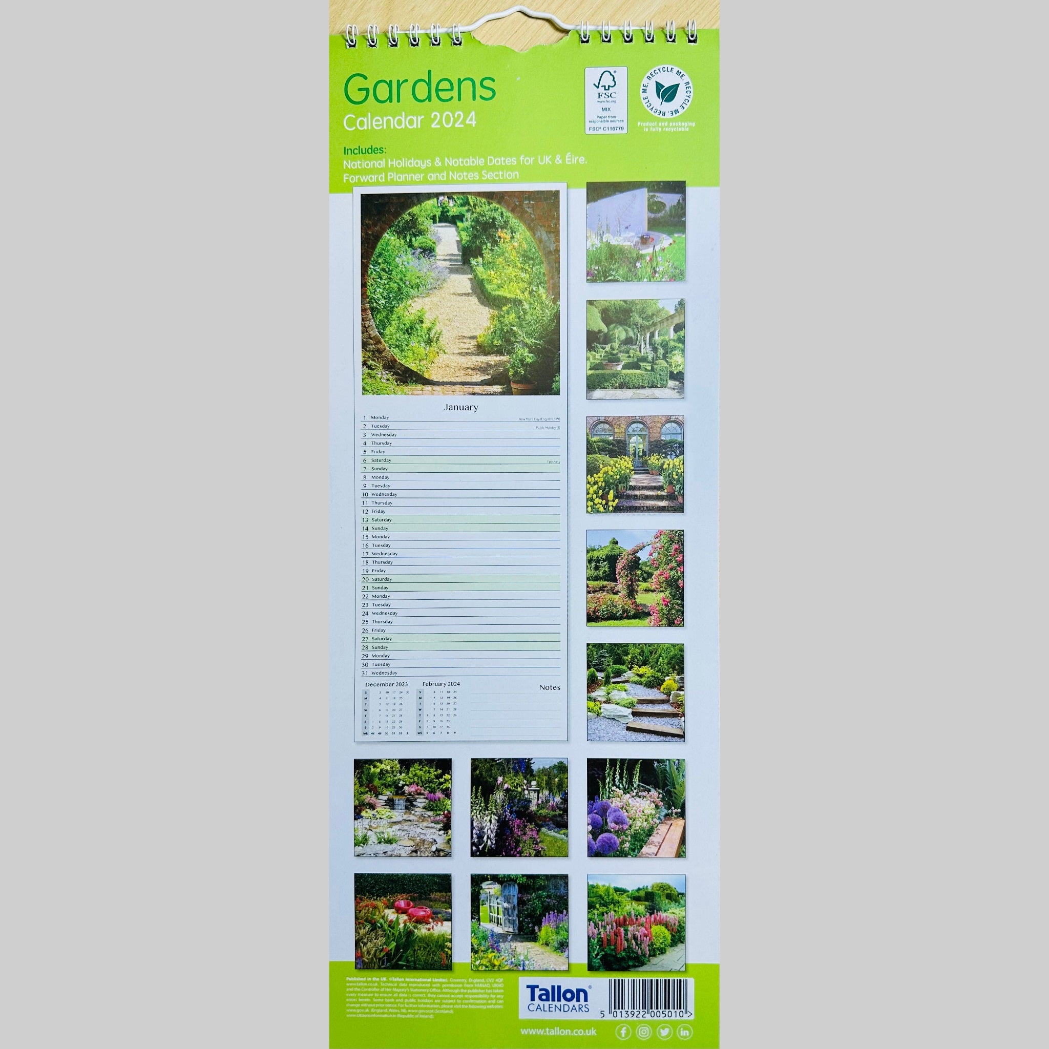 Beclen Harp Super Slim Month to View Spiral Bound Hanging Wall Calendar Home Office 2024 Gardens/ Cottages/ Coasts/ Scenes