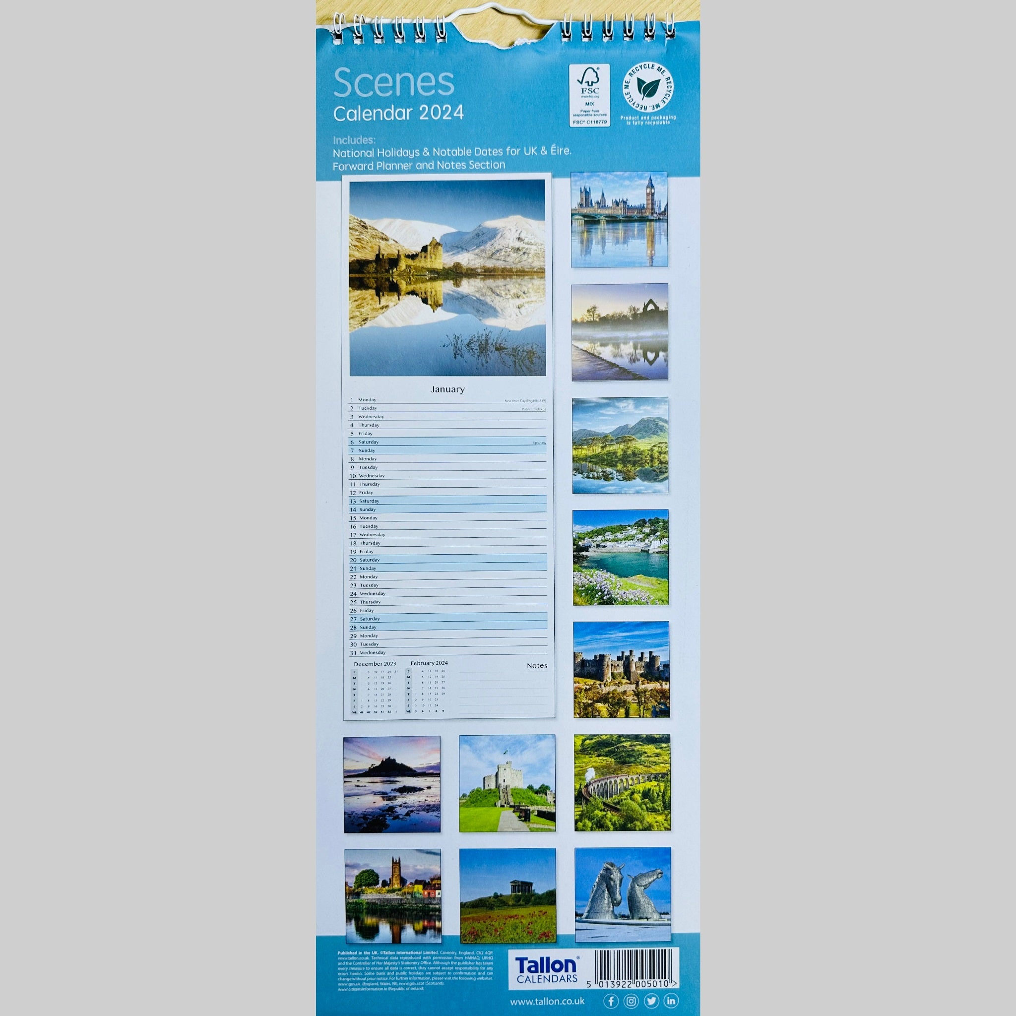 Beclen Harp Super Slim Month to View Spiral Bound Hanging Wall Calendar Home Office 2024 Gardens/ Cottages/ Coasts/ Scenes