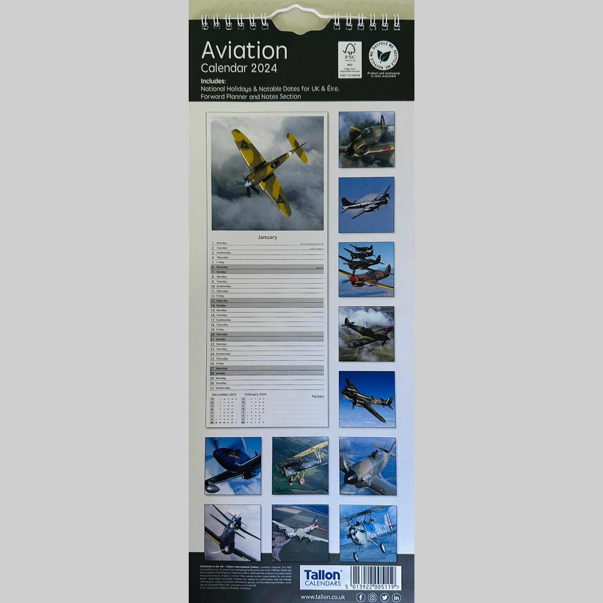 Beclen Harp Super Slim Month to View Spiral Bound Hanging Wall Calendar Home Office 2024 Steam Trains, Tractors, Aviation, Vintage Transport