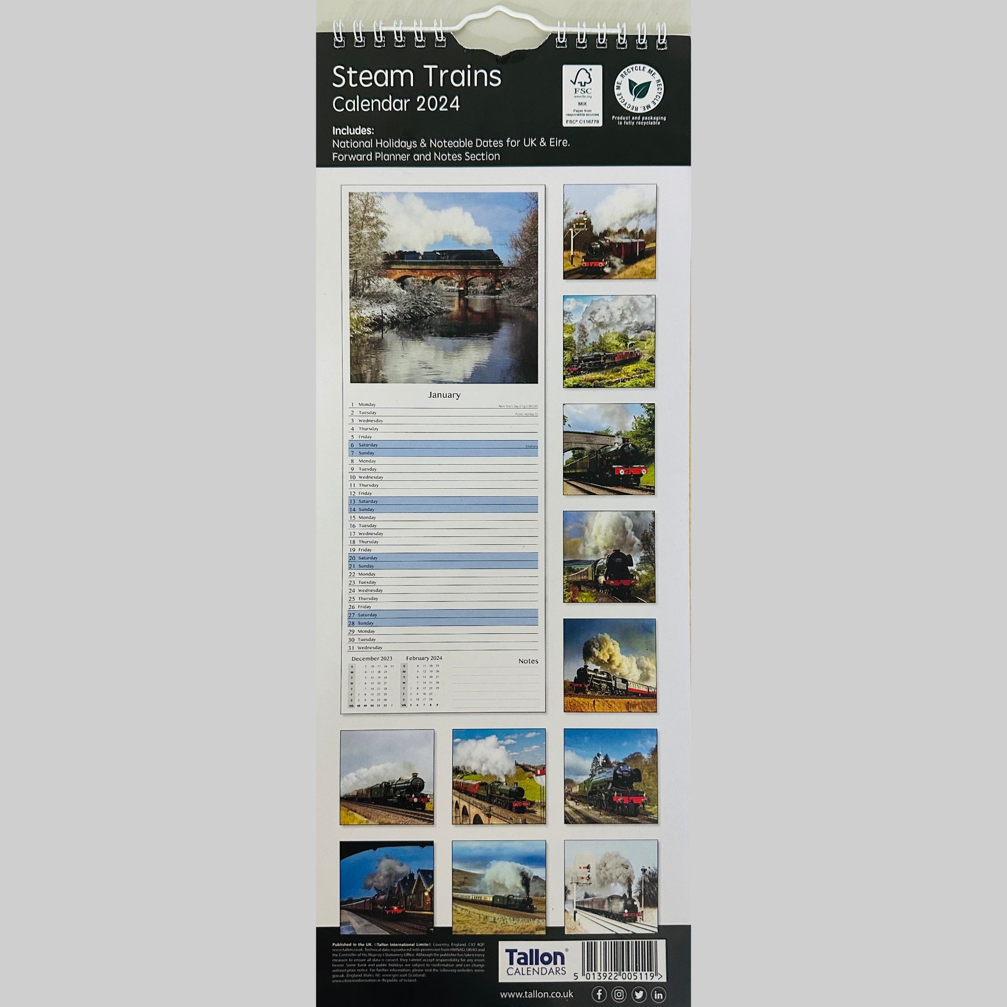 Beclen Harp Super Slim Month to View Spiral Bound Hanging Wall Calendar Home Office 2024 Steam Trains, Tractors, Aviation, Vintage Transport