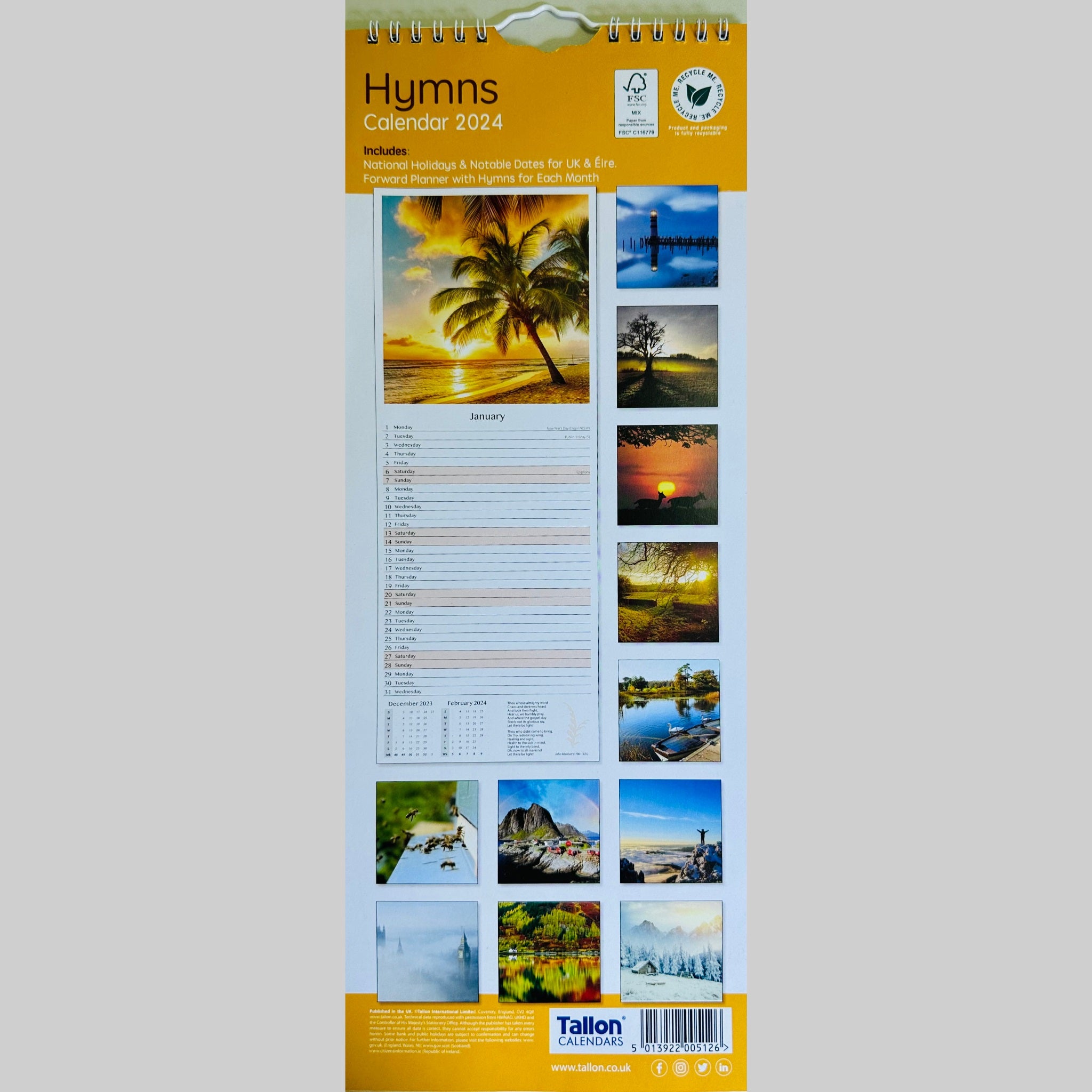 Beclen Harp Super Slim Month to View Spiral Bound Hanging Wall Calendar Home Office 2024 Psalms, Hymns