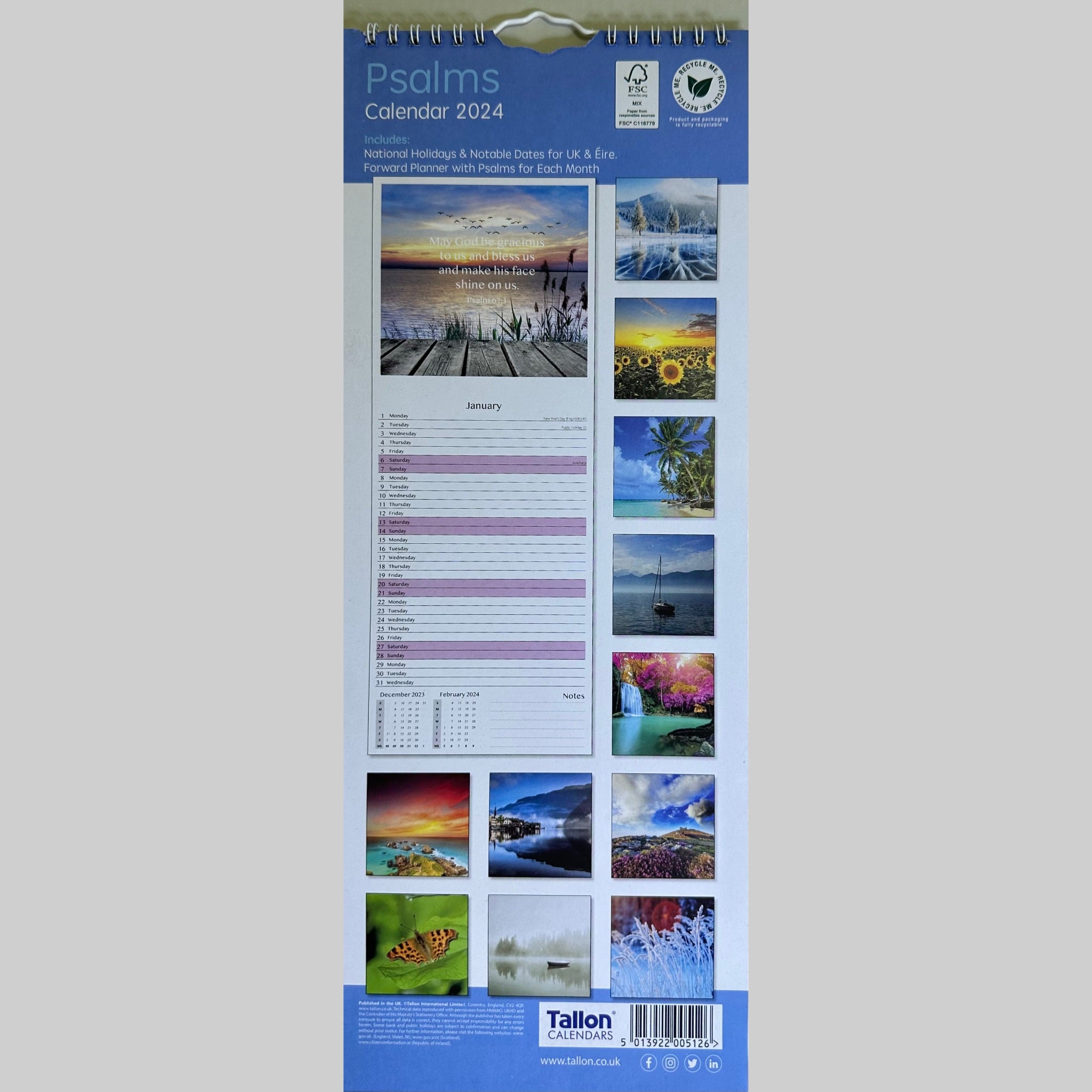 Beclen Harp Super Slim Month to View Spiral Bound Hanging Wall Calendar Home Office 2024 Psalms, Hymns