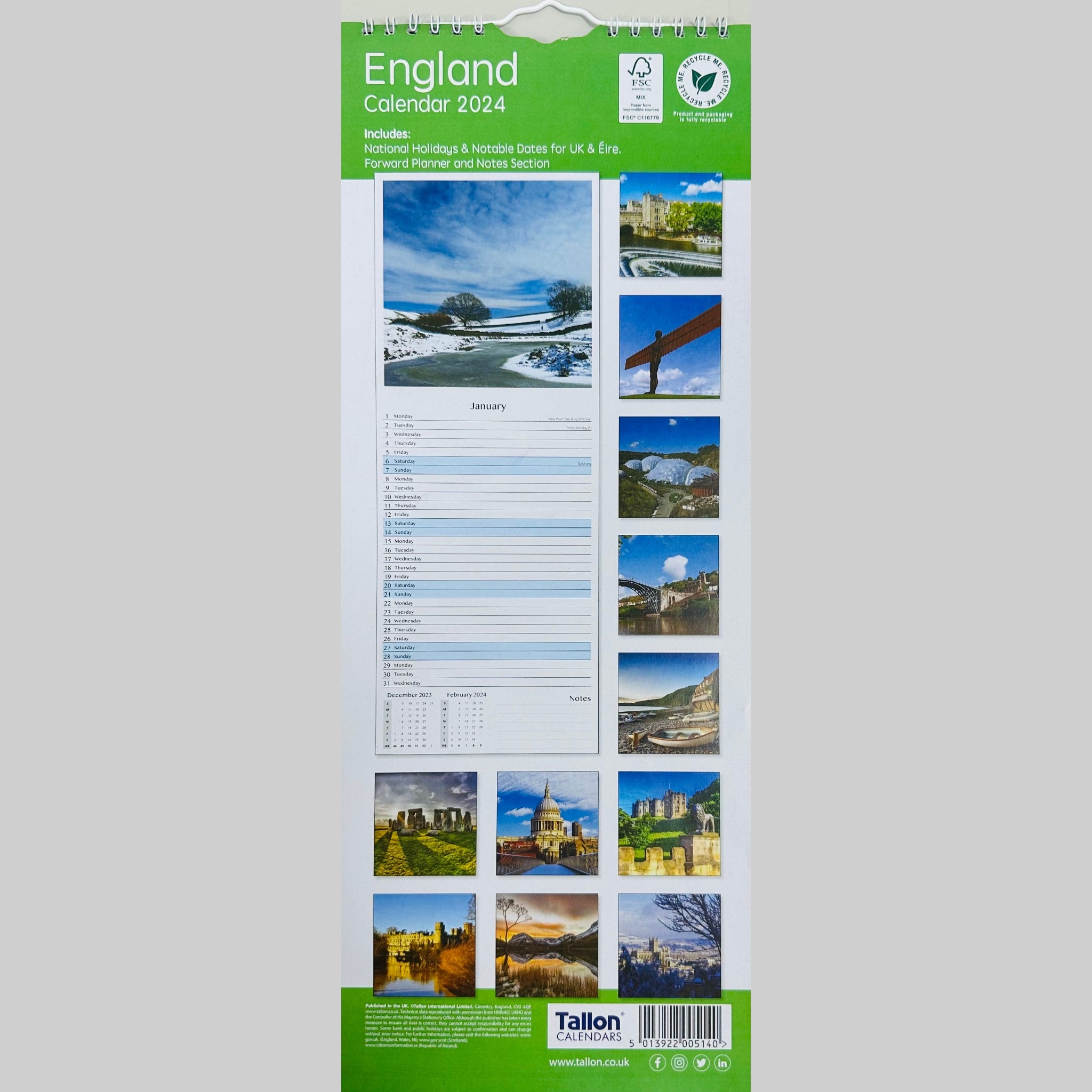 Beclen Harp Super Slim Month to View Spiral Bound Hanging Wall Calendar Home Office 2024 England