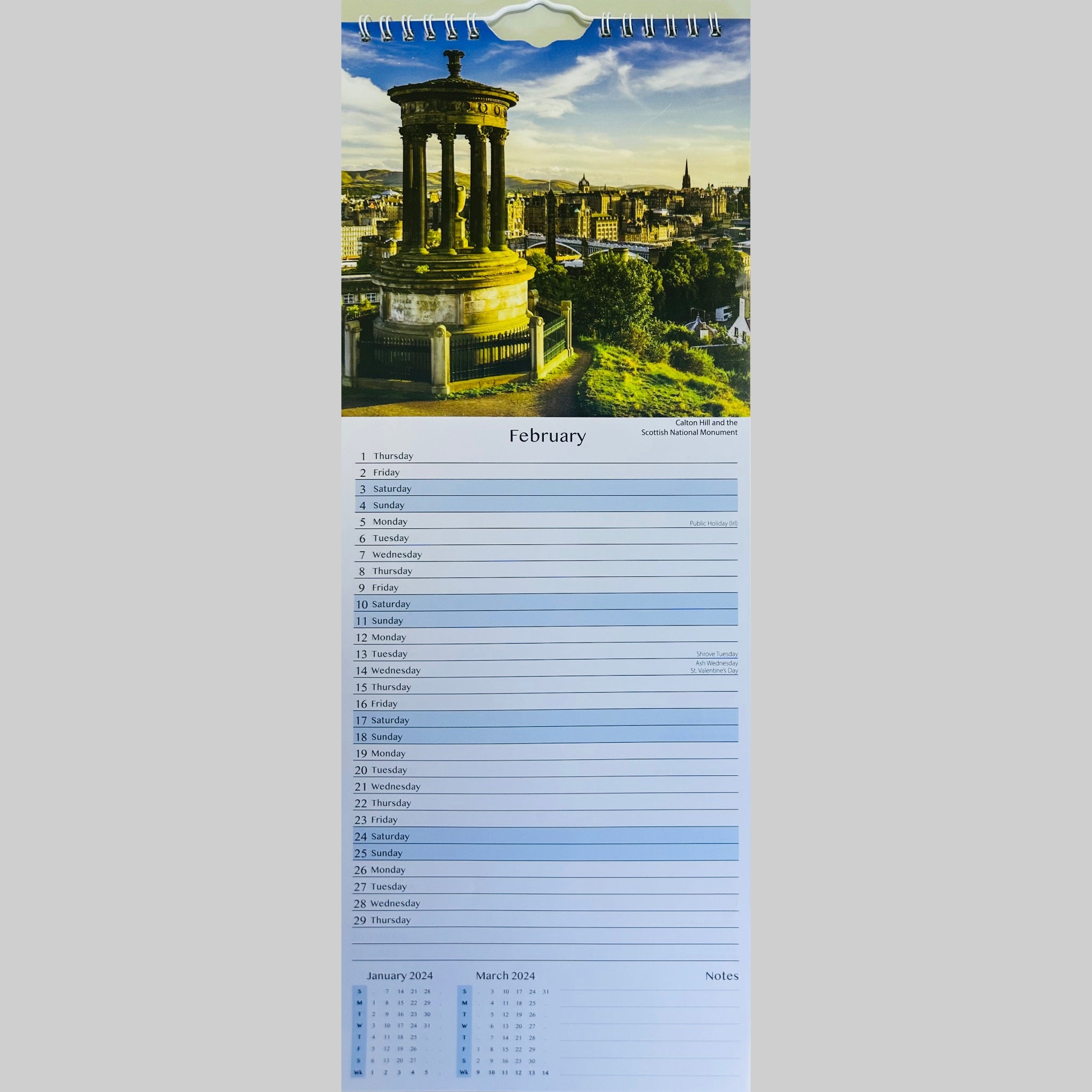 Beclen Harp Super Slim Month to View Spiral Bound Hanging Wall Calendar Home Office 2024 Scotland Red and Blue