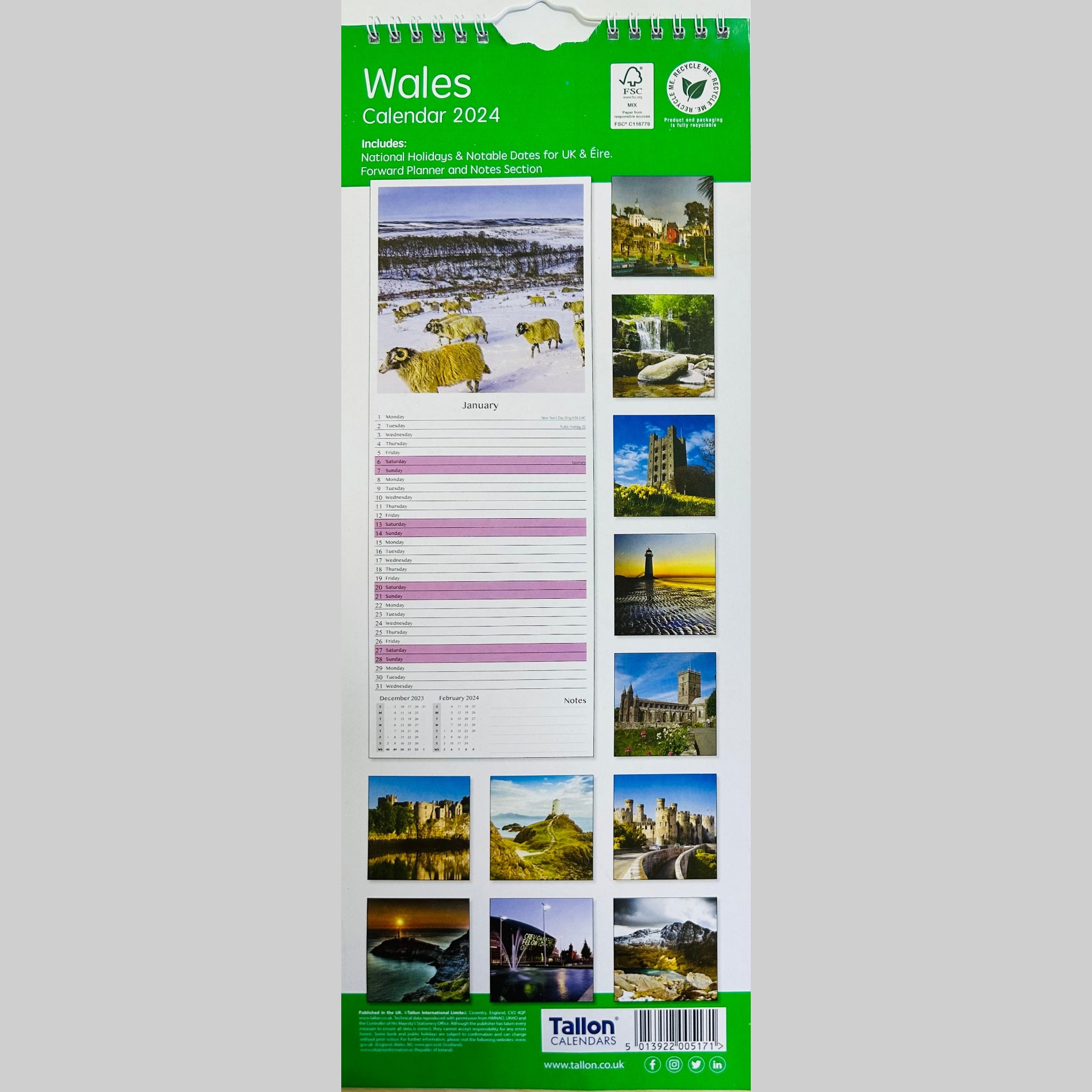 Beclen Harp Super Slim Month to View Spiral Bound Hanging Wall Calendar Home Office 2024 Wales