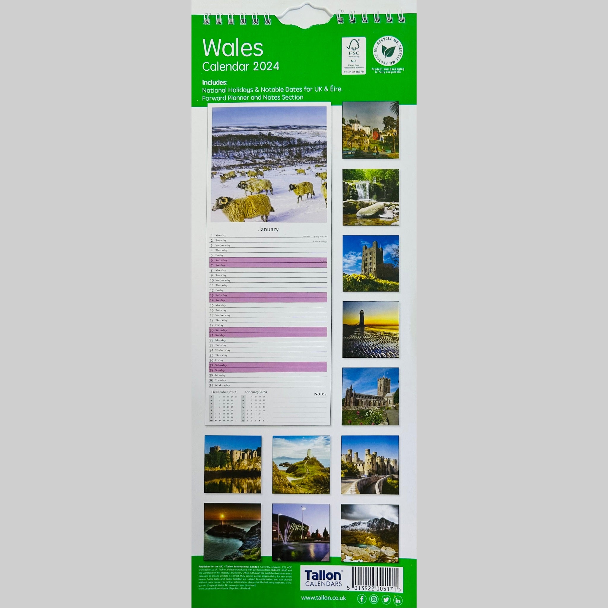 Beclen Harp Super Slim Month to View Spiral Bound Hanging Wall Calendar Home Office 2024 Wales