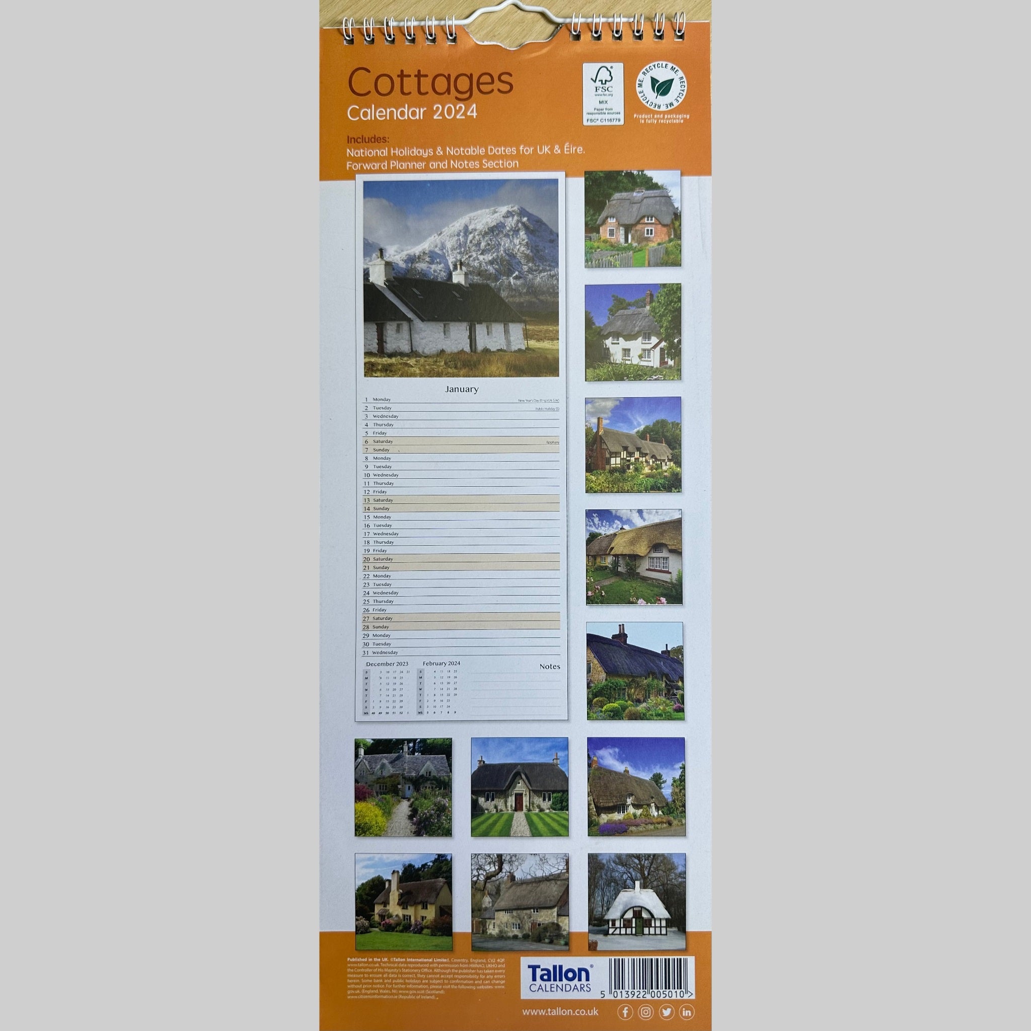 Beclen Harp Super Slim Month to View Spiral Bound Hanging Wall Calendar Home Office 2024 Gardens and Cottages