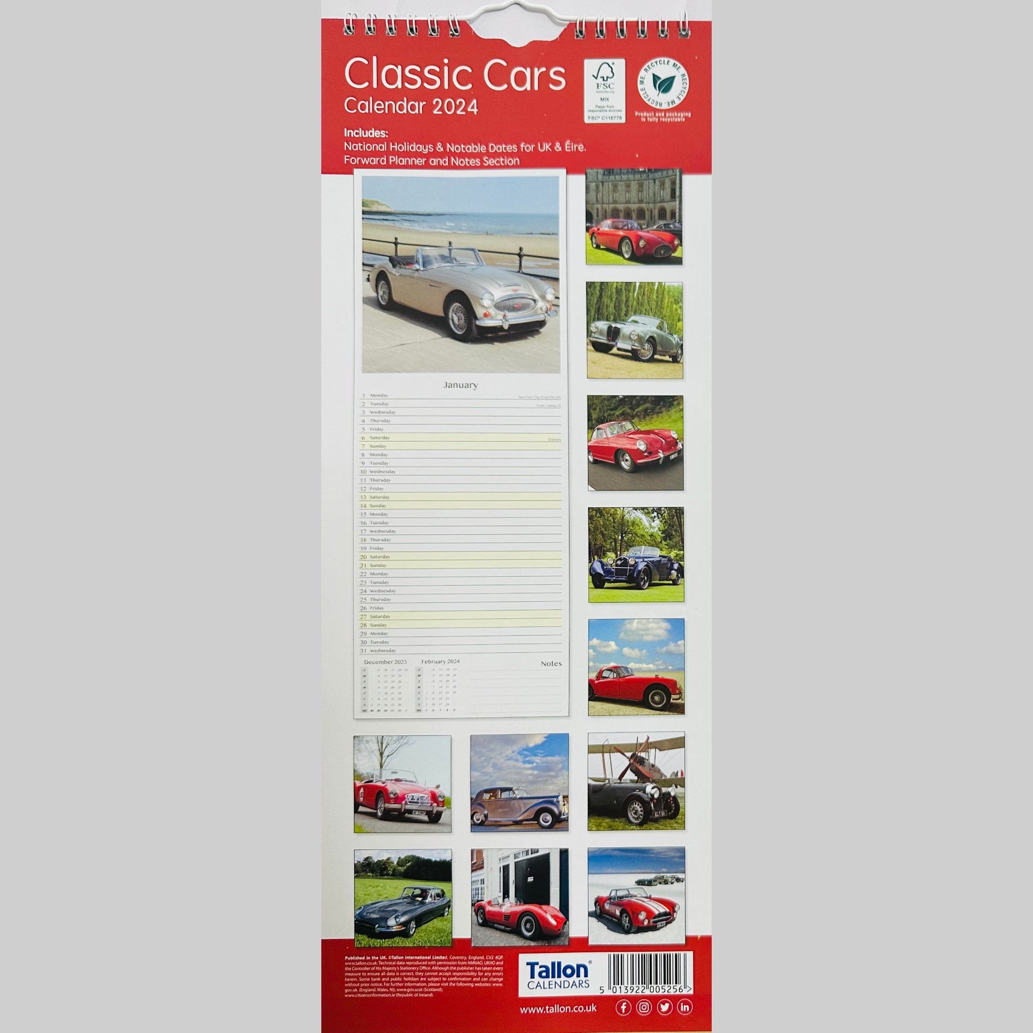 Beclen Harp Super Slim Month to View Spiral Bound Hanging Wall Calendar Home Office 2024 Retro Cars Classic Cars