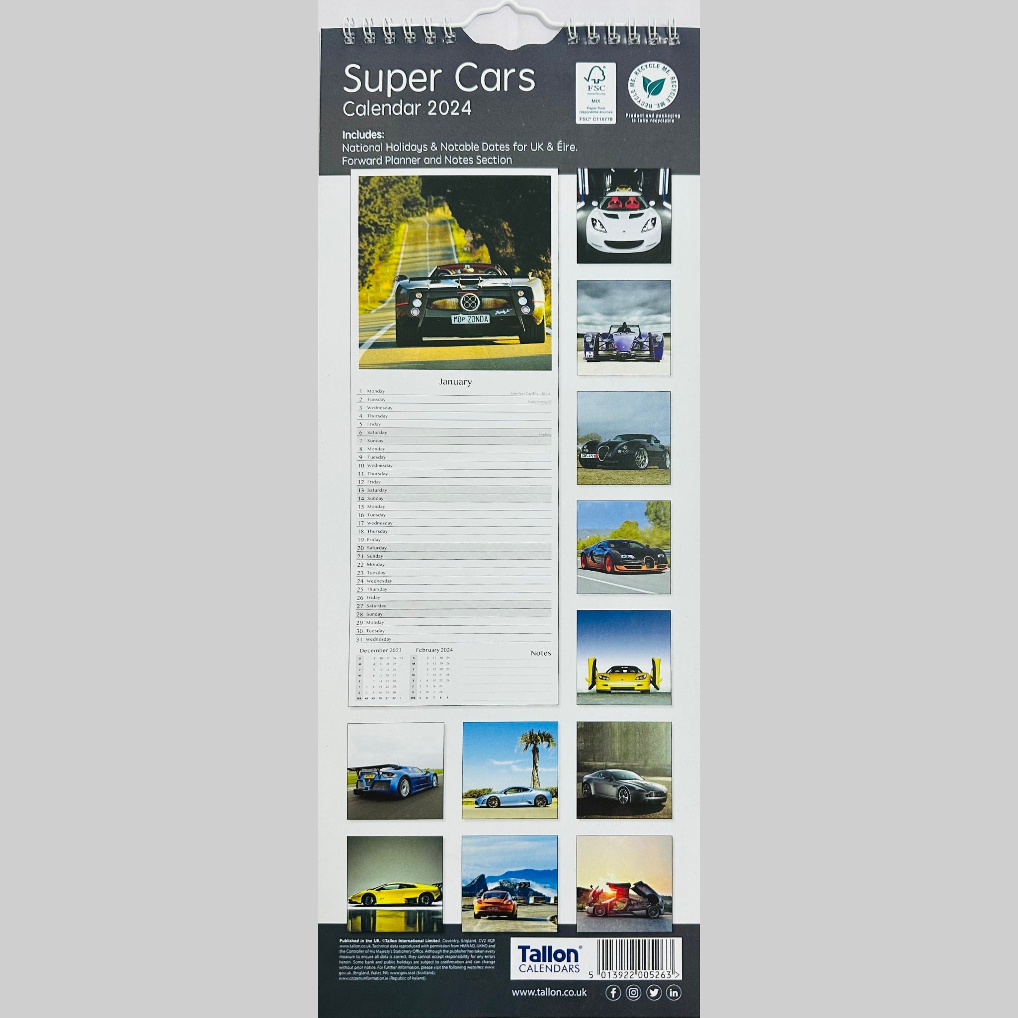 Beclen Harp Super Slim Month to View Spiral Bound Hanging Wall Calendar Home Office 2024 Super Bikes, Super Cars