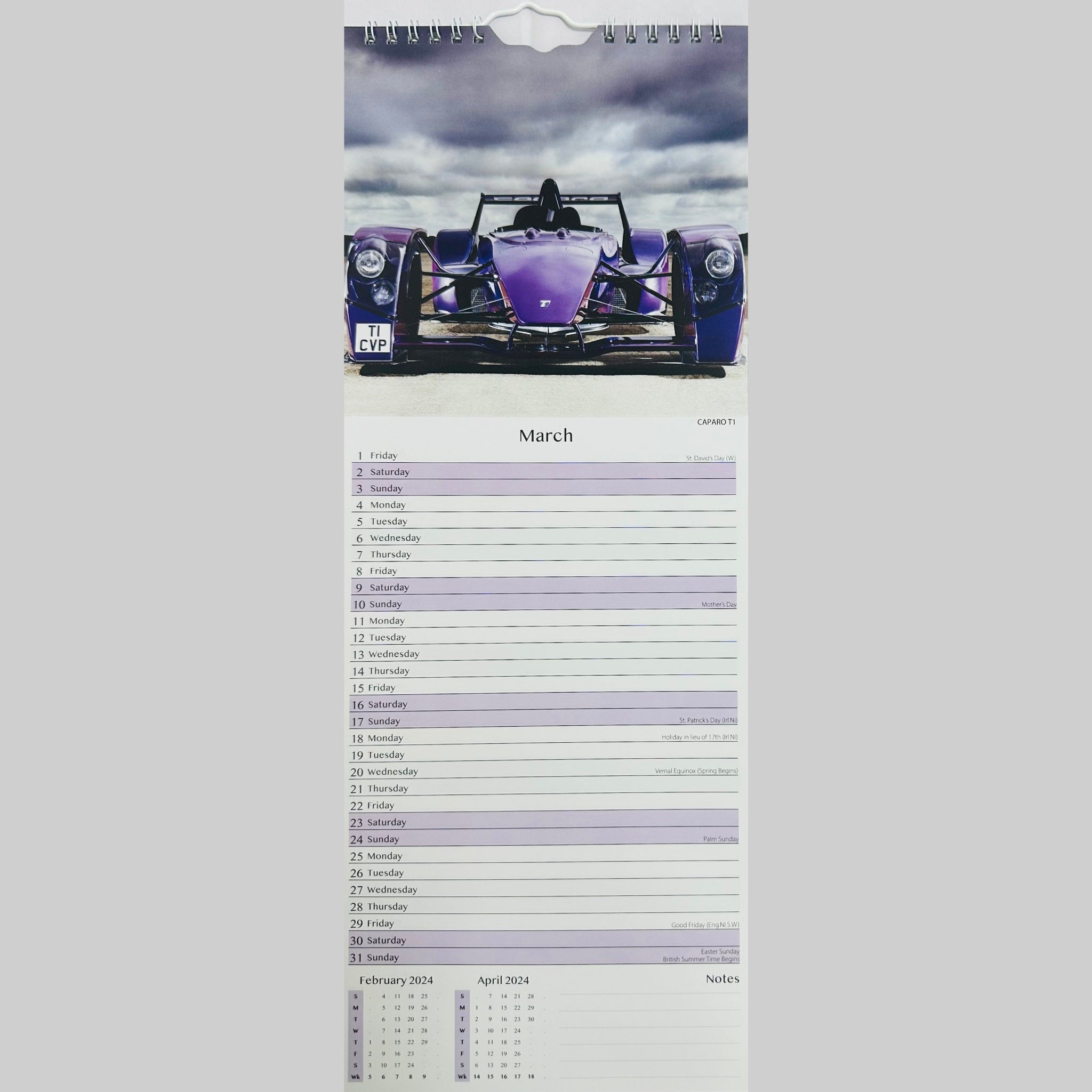Beclen Harp Super Slim Month to View Spiral Bound Hanging Wall Calendar Home Office 2024 Super Bikes, Super Cars