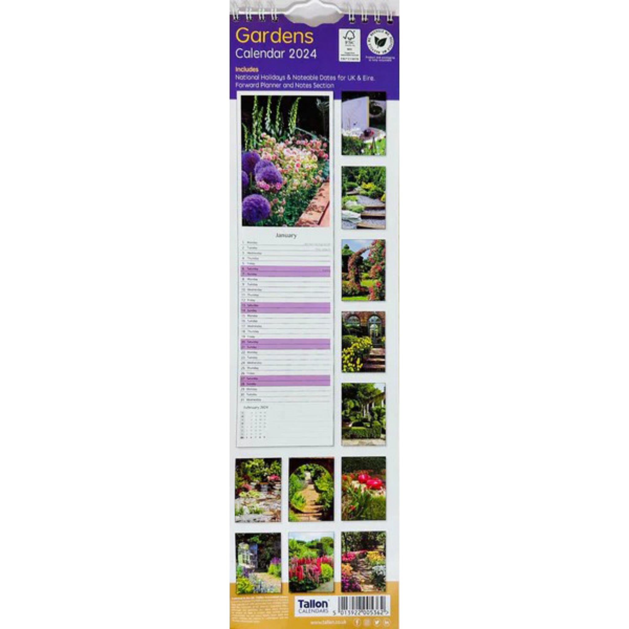 Beclen Harp 2024 Slim wall Calendar Month to View Home office School Calendar With Daily Notes & Pocket Diary/ Spiral Bound Hanging Wall Calendar Flower Garden Wildlife Scenes