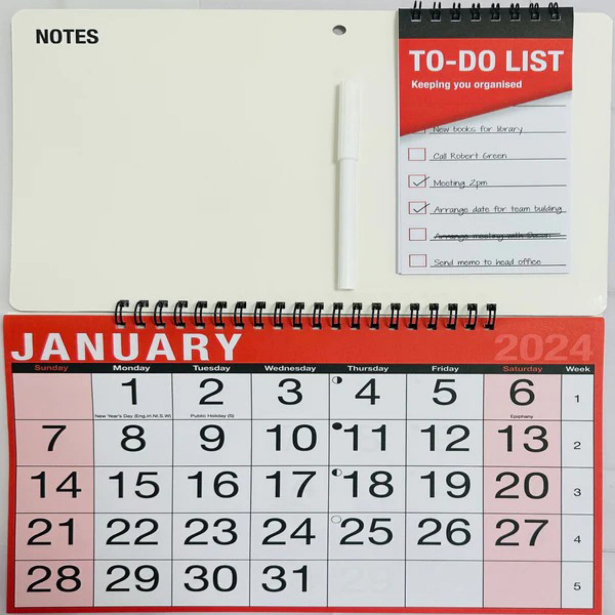 Beclen Harp 2024 MTV/ Month To View Drywipe Memo Board, Pen & To Do List With Spiral Calendar & Easy View Month Red & Black