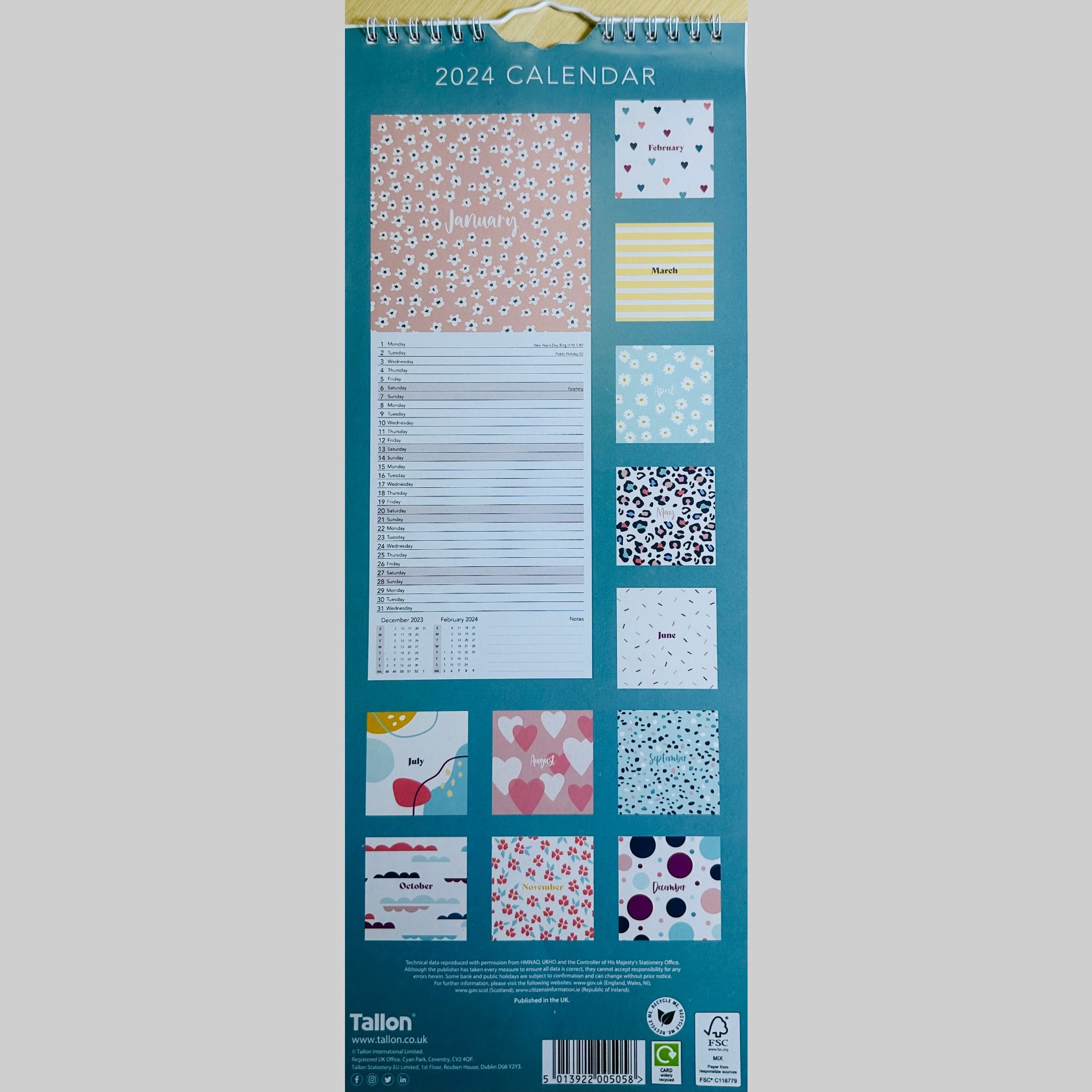 Beclen Harp Super Slim Month to View Spiral Bound Hanging Wall Calendar Home Office 2024 Enjoy The Little Things, You've Got This, Teddies, Jungle Vibes